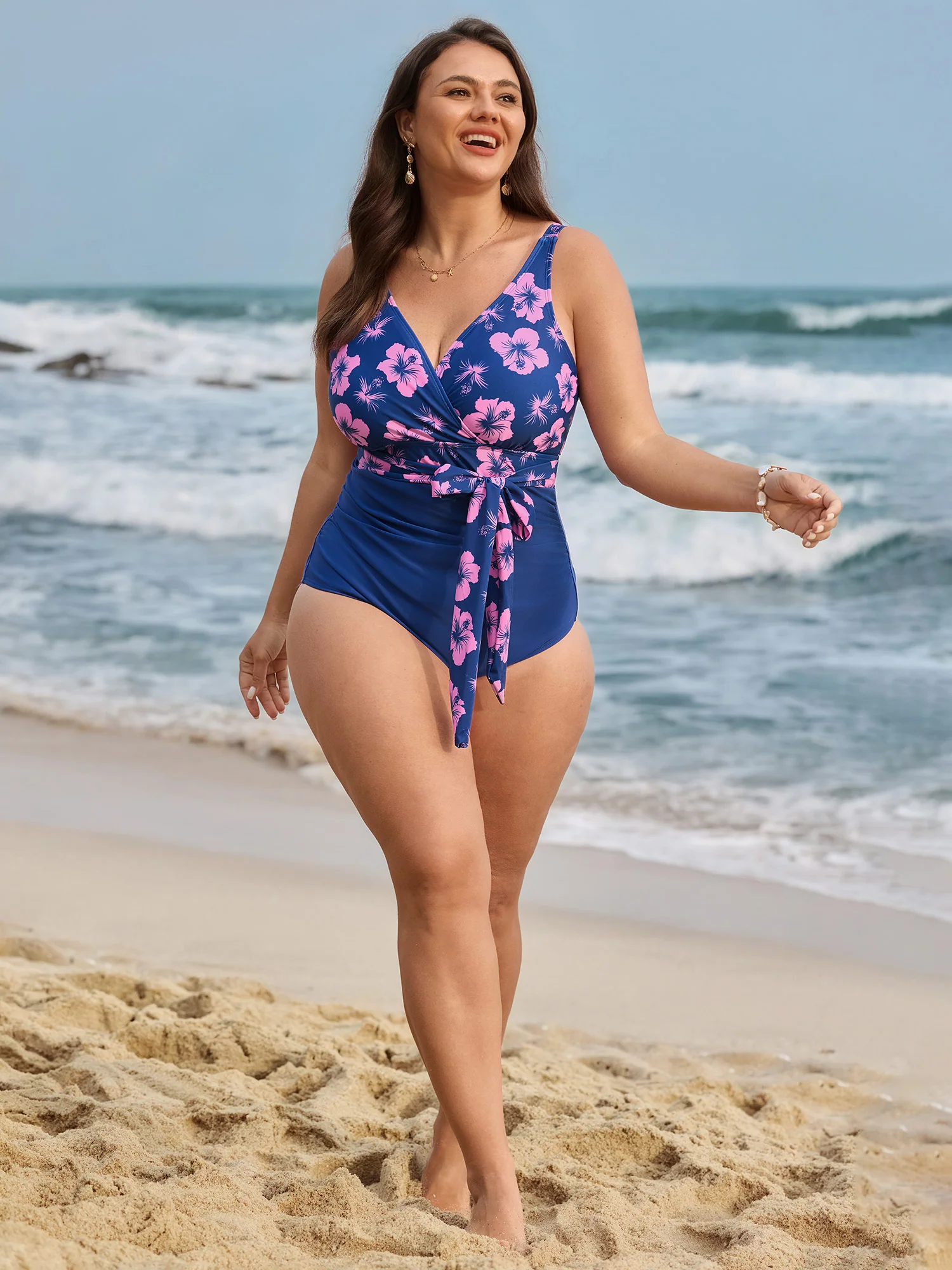 Tropical Print Non-Removable Belt One-Piece Swimsuit - Image 3