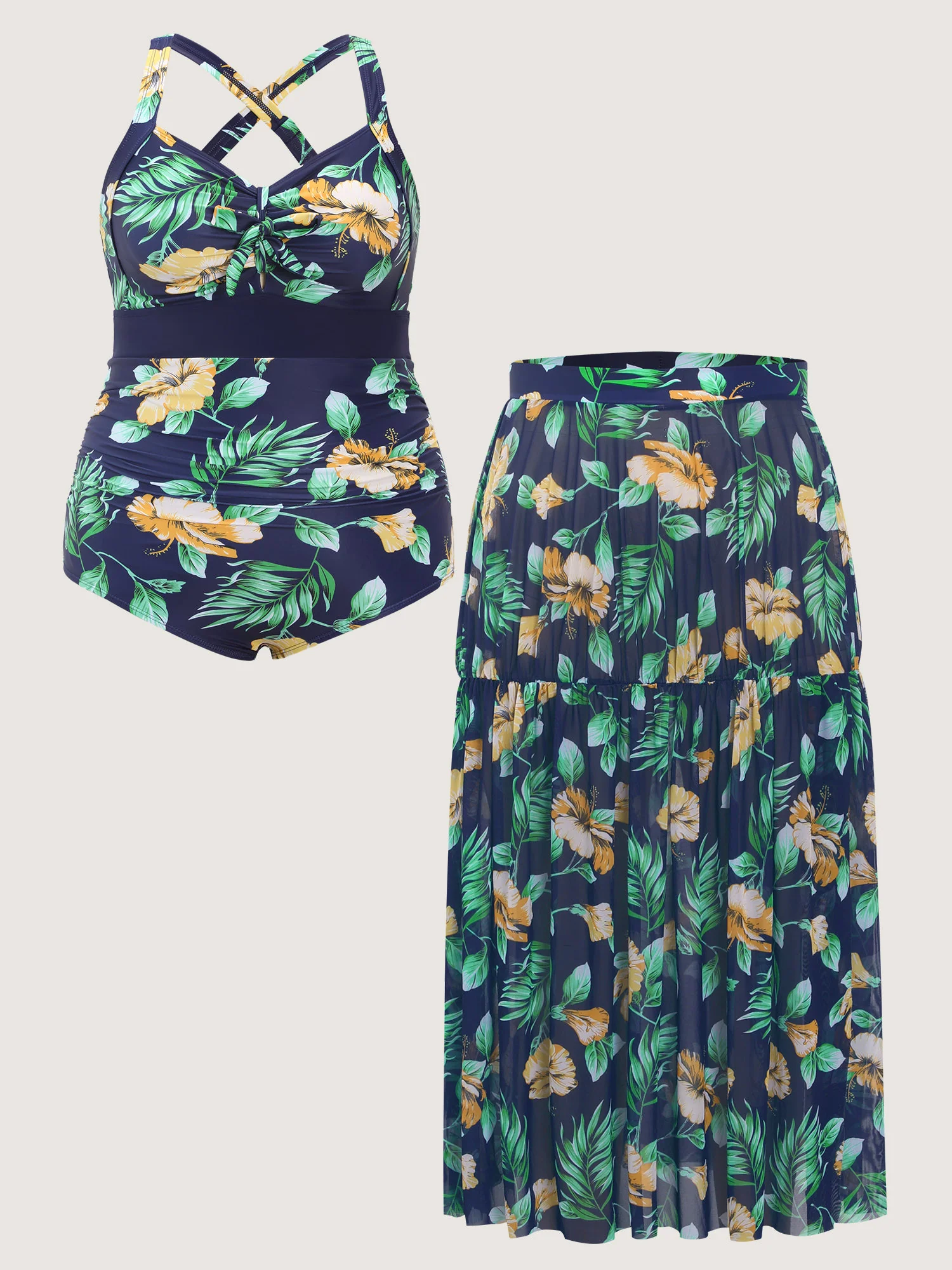 Tropical Print One Piece Swimsuit Sarong Set - Image 6