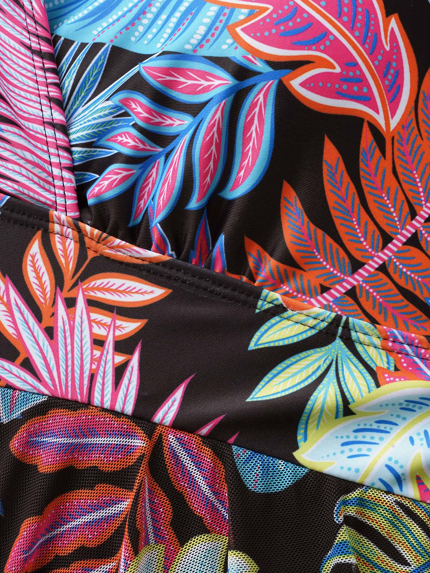 Tropical Print Overlap Collar Hanky Hem Swim Dress - Image 5