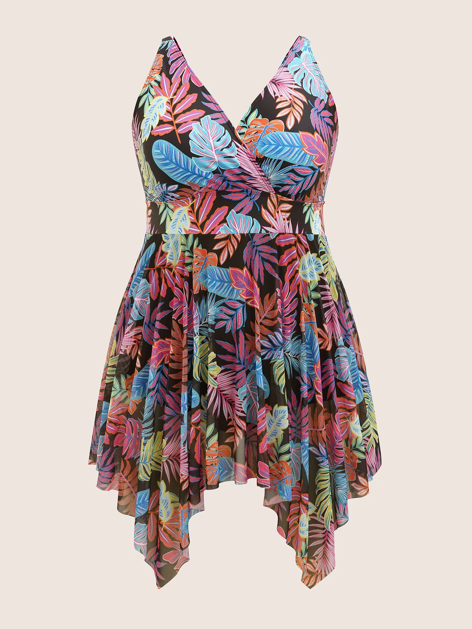 Tropical Print Overlap Collar Hanky Hem Swim Dress - Image 7