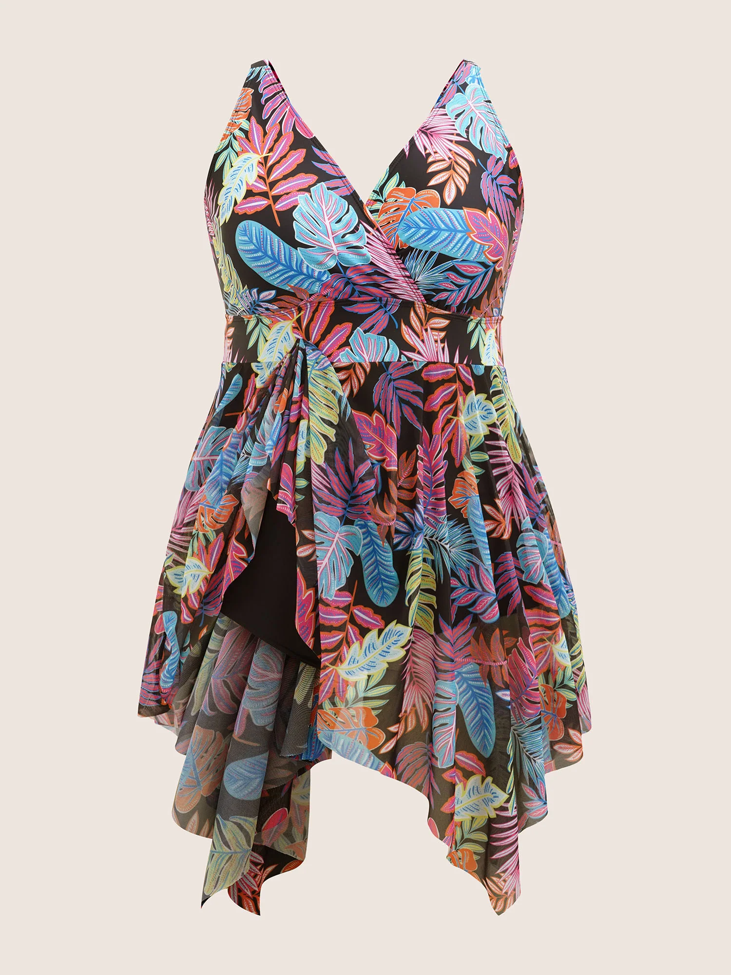 Tropical Print Overlap Collar Hanky Hem Swim Dress - Image 8