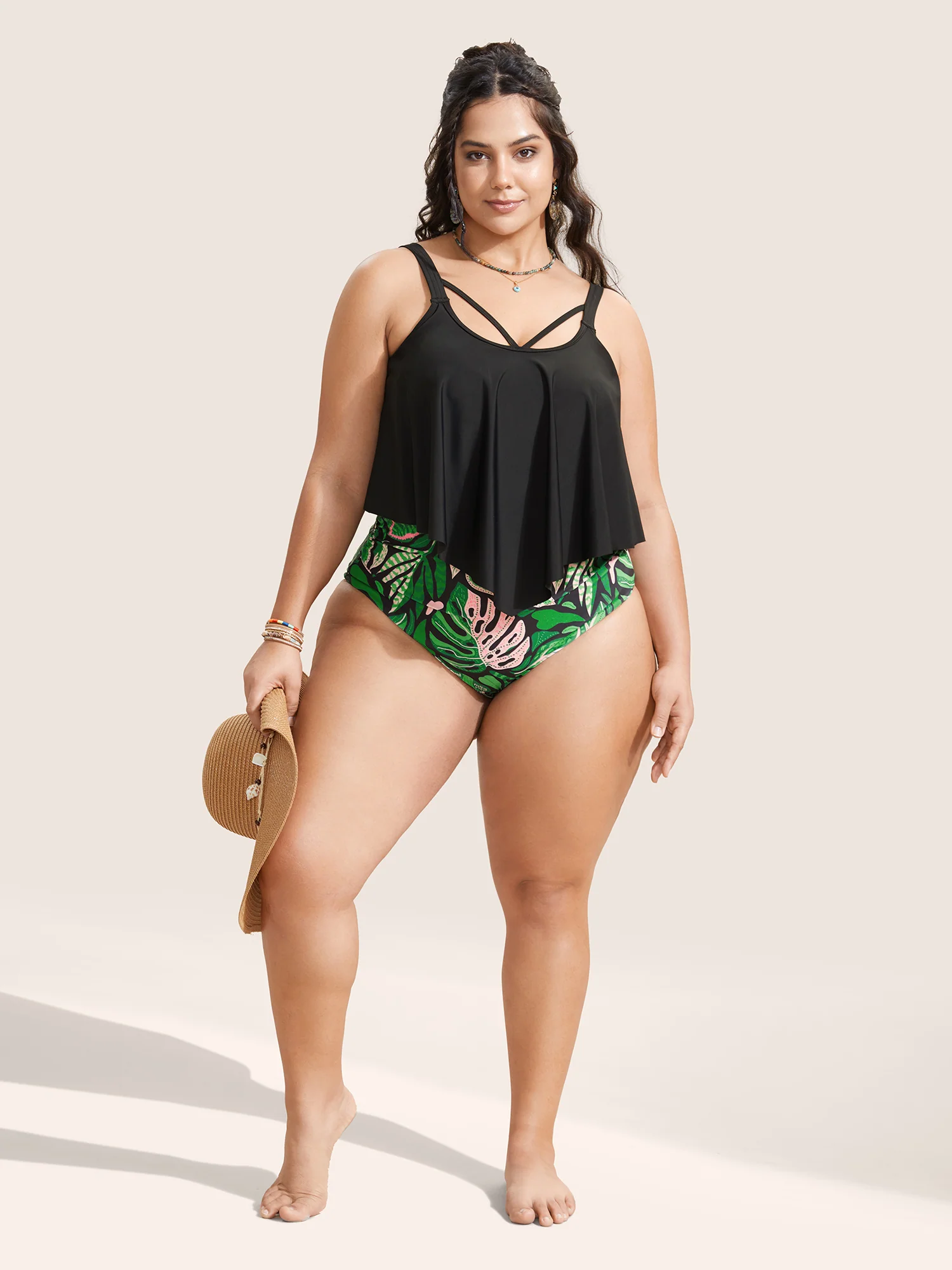 Tropical Print Patchwork Crisscross One Piece Swimsuit - Image 2