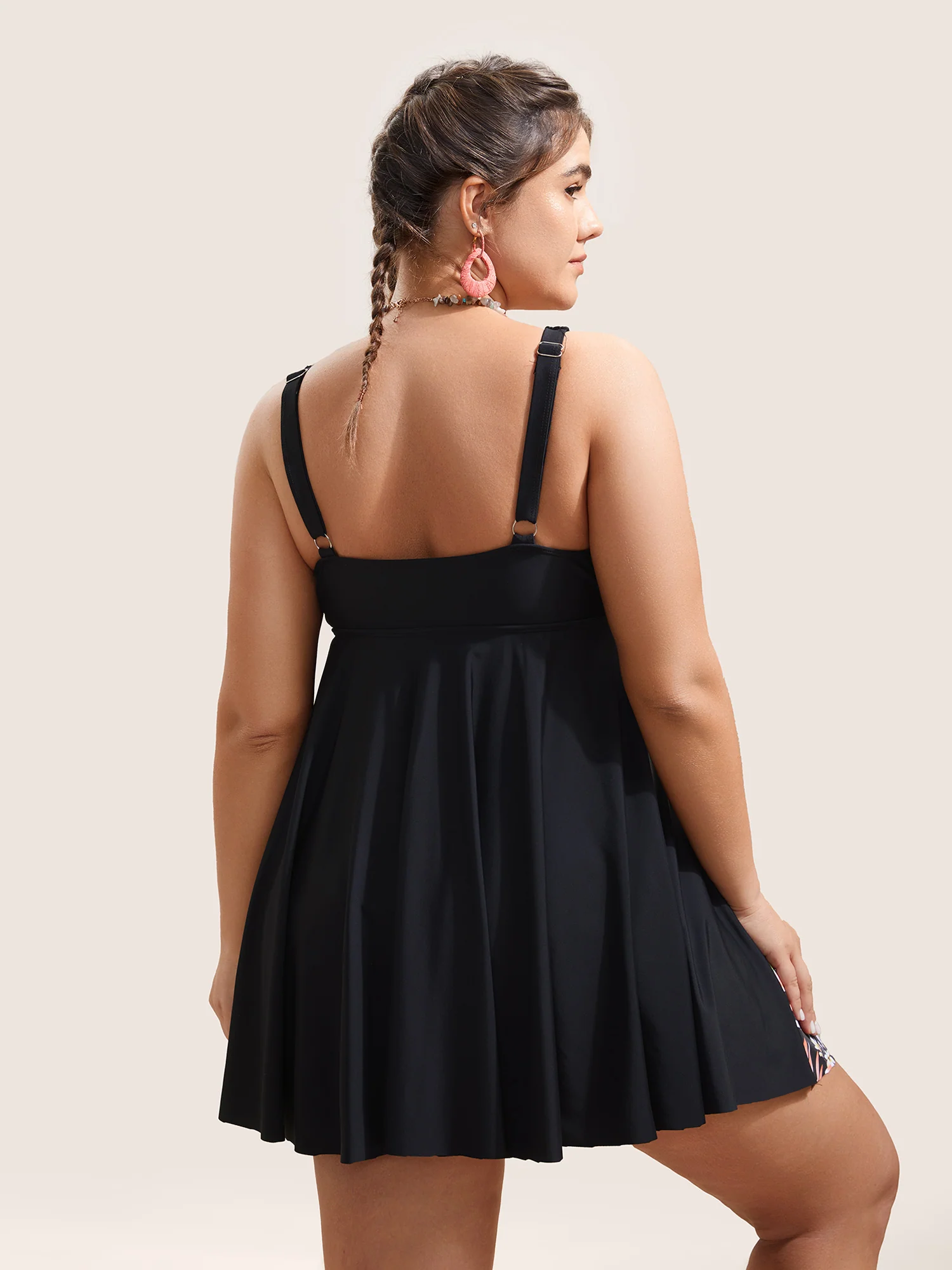 Tropical Print Patchwork Drawstring Swim Dress - Image 2