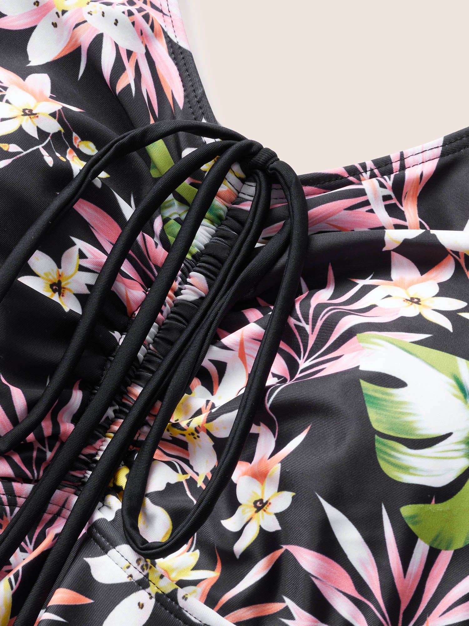 Tropical Print Patchwork Drawstring Swim Dress - Image 5