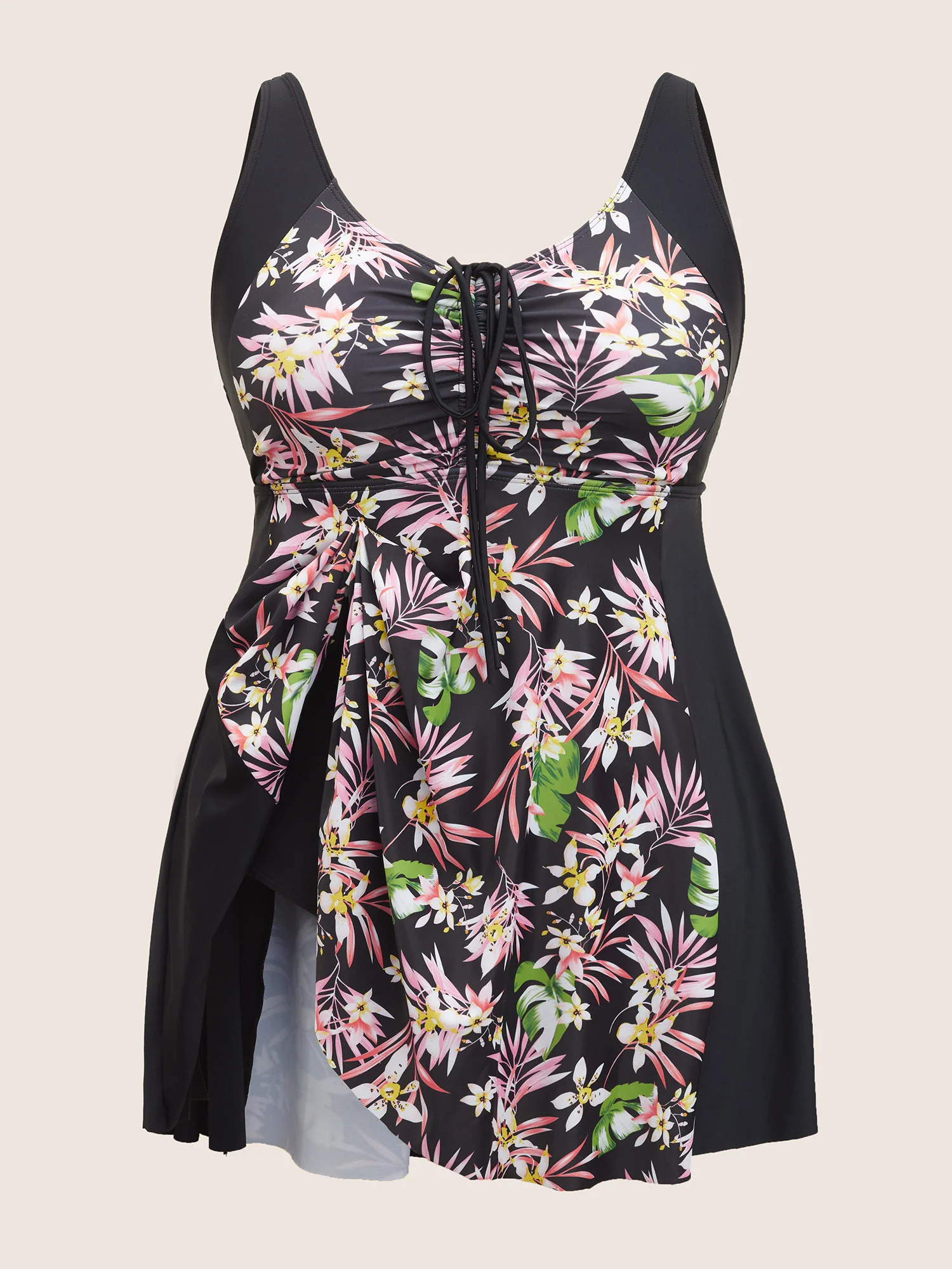 Tropical Print Patchwork Drawstring Swim Dress - Image 6