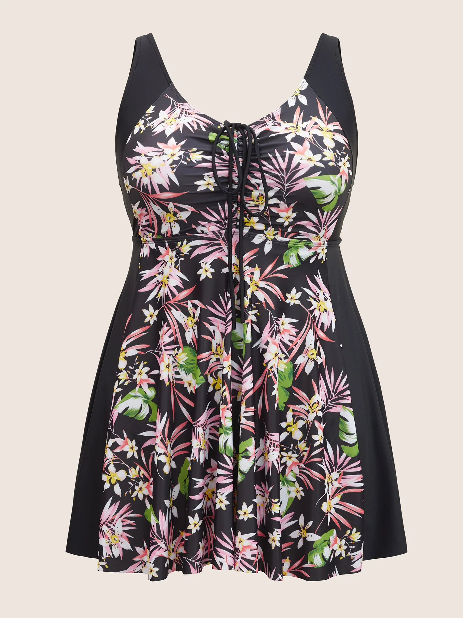 Tropical Print Patchwork Drawstring Swim Dress - Image 7