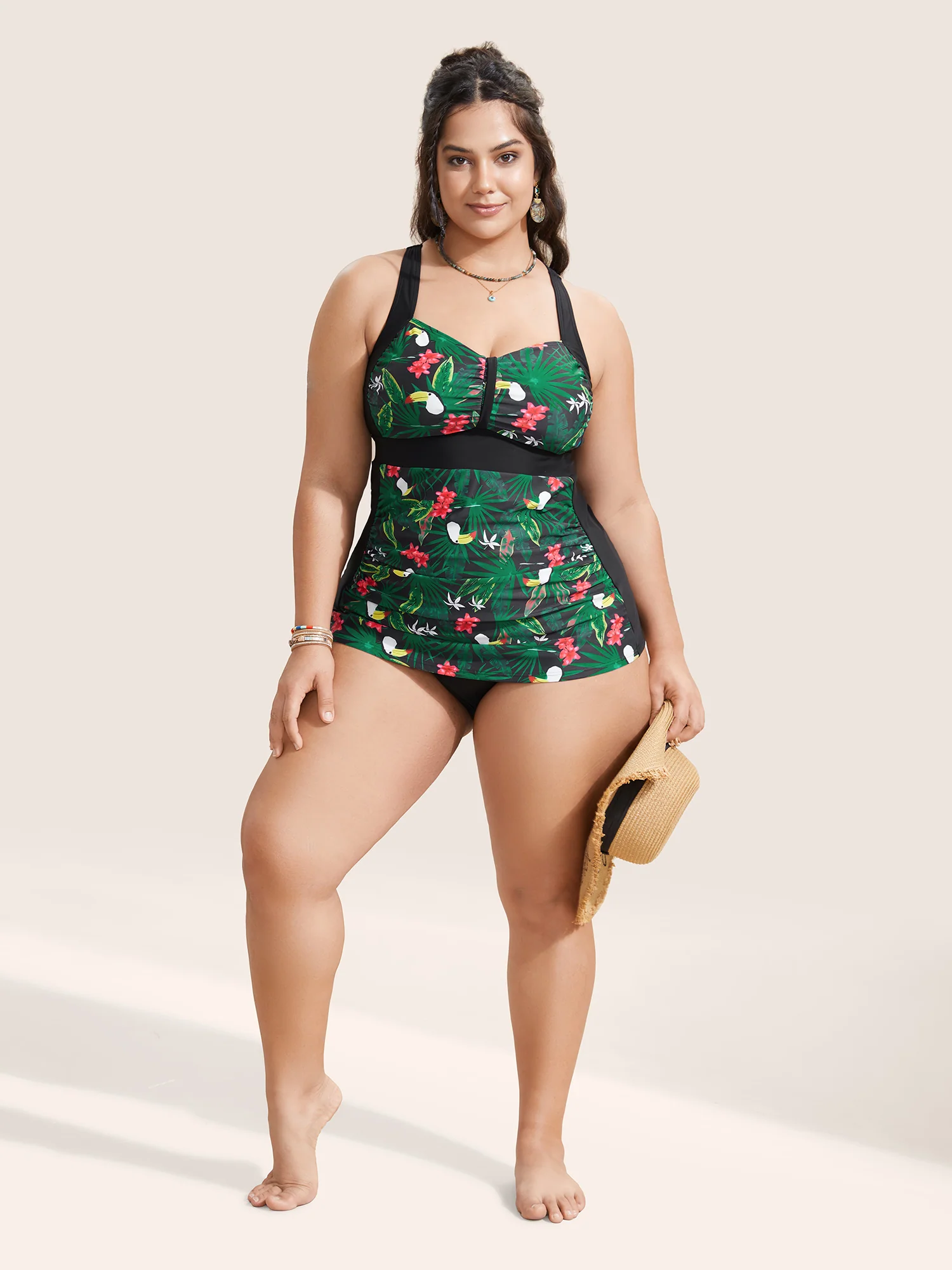 Tropical Print Patchwork Gathered Swim Top - Image 3