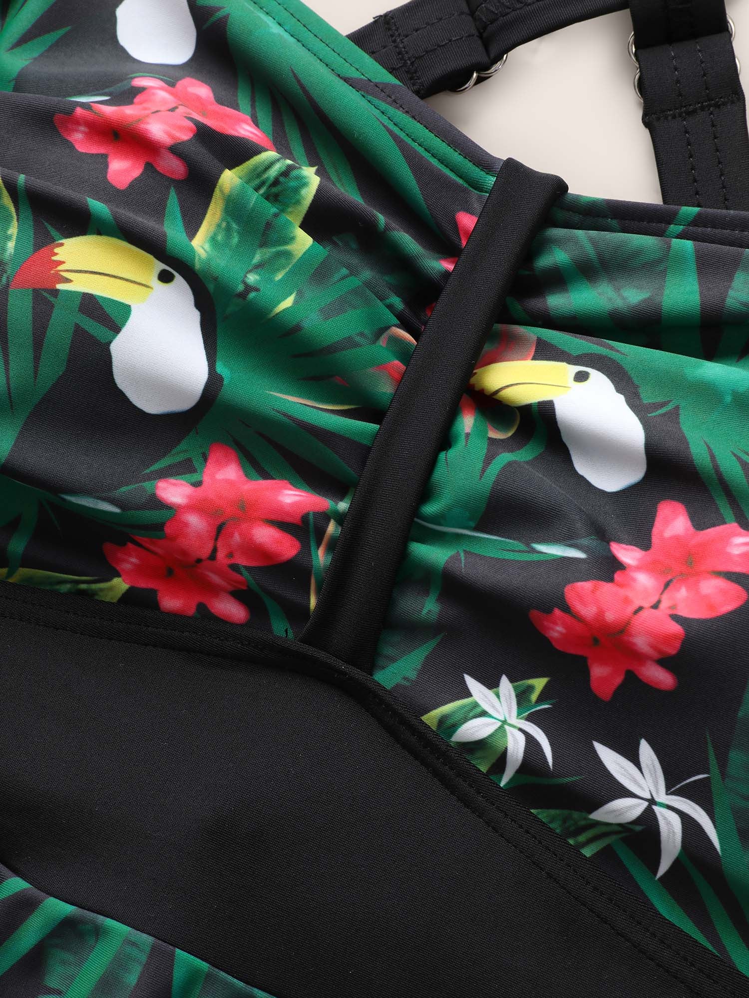 Tropical Print Patchwork Gathered Swim Top - Image 5