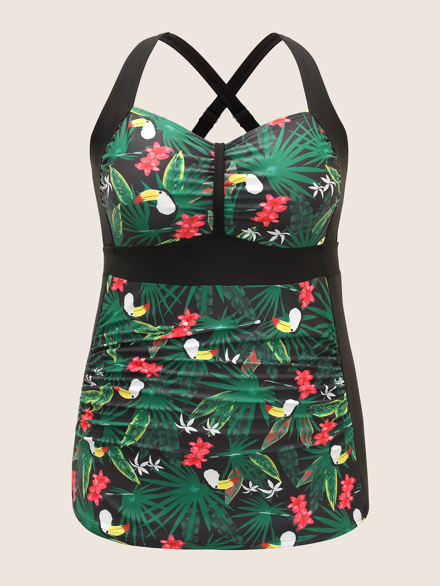 Tropical Print Patchwork Gathered Swim Top - Image 7