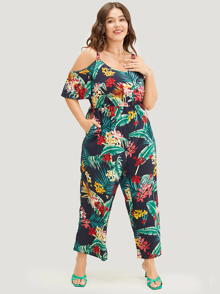 Tropical Print Pocket Cold Shoulder Jumpsuit - Image 2