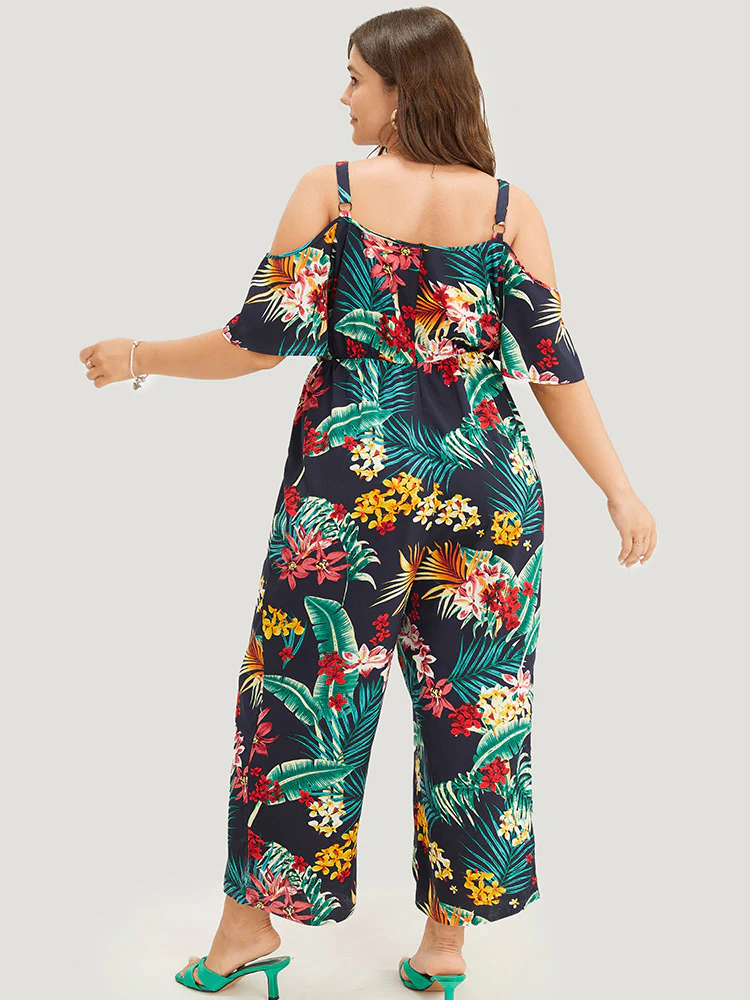 Tropical Print Pocket Cold Shoulder Jumpsuit - Image 3