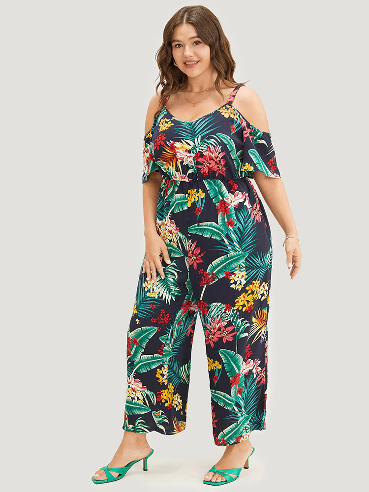 Tropical Print Pocket Cold Shoulder Jumpsuit - Image 4