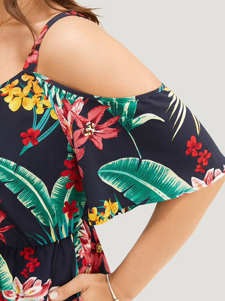 Tropical Print Pocket Cold Shoulder Jumpsuit - Image 5