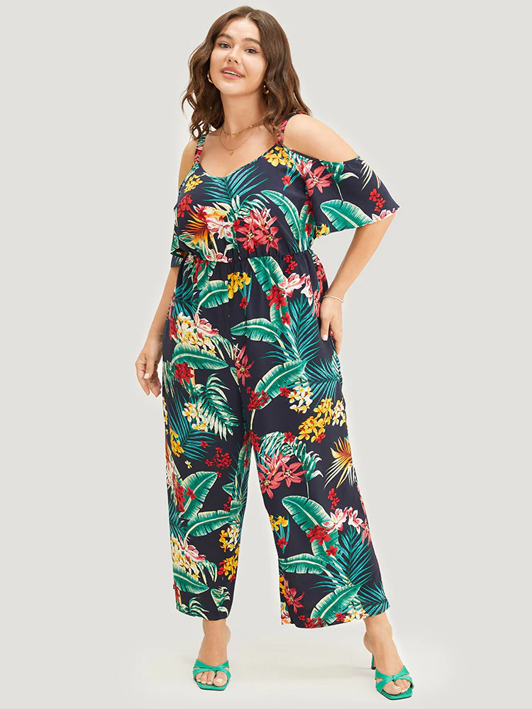 Tropical Print Pocket Cold Shoulder Jumpsuit - Image 6