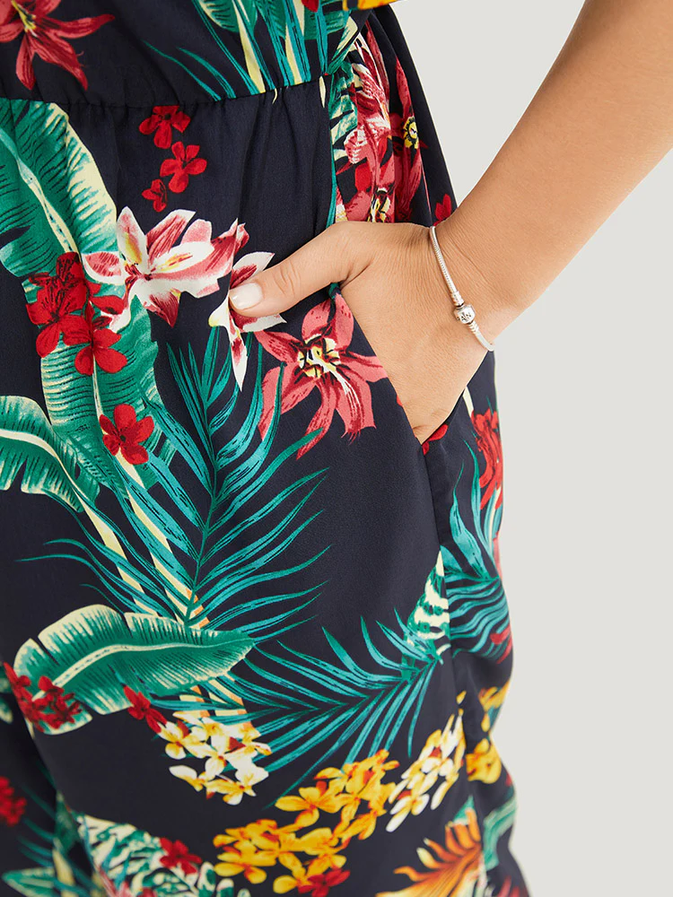 Tropical Print Pocket Cold Shoulder Jumpsuit - Image 7