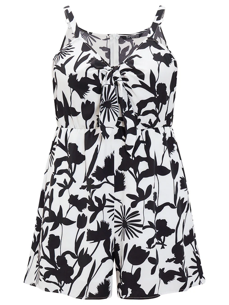 Tropical Print Pocket Knot Neck Cami Romper - Image 11