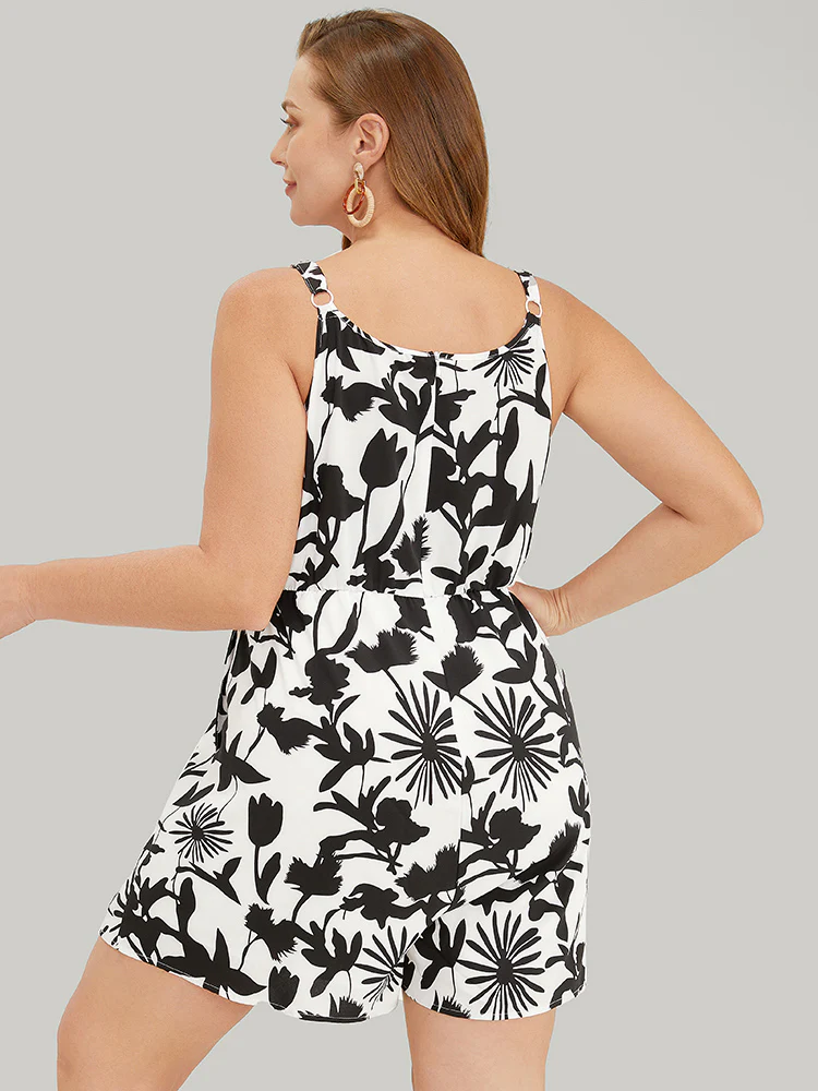 Tropical Print Pocket Knot Neck Cami Romper - Image 2