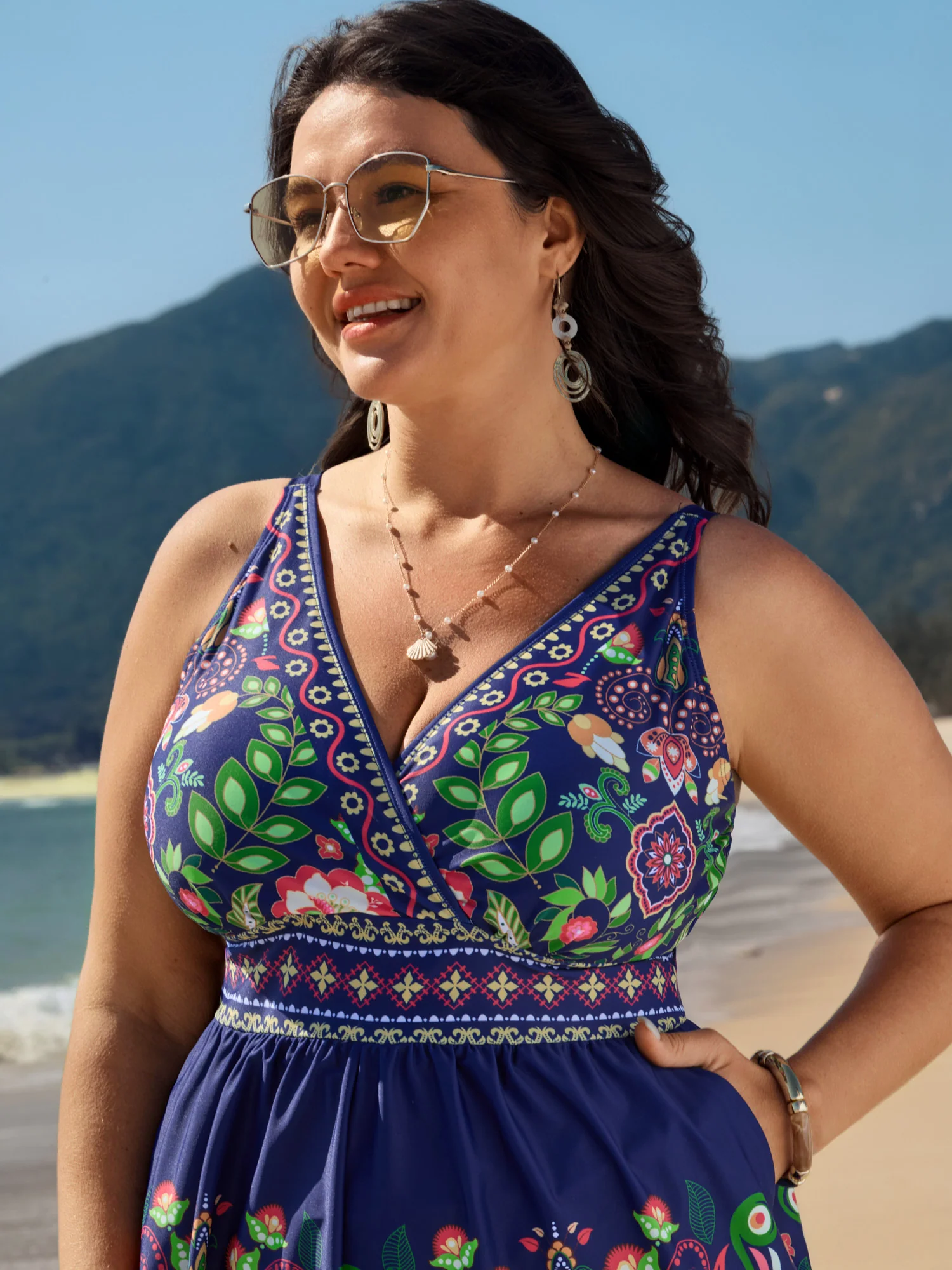 Tropical Print Pockets One-Piece Swimsuit - Image 2