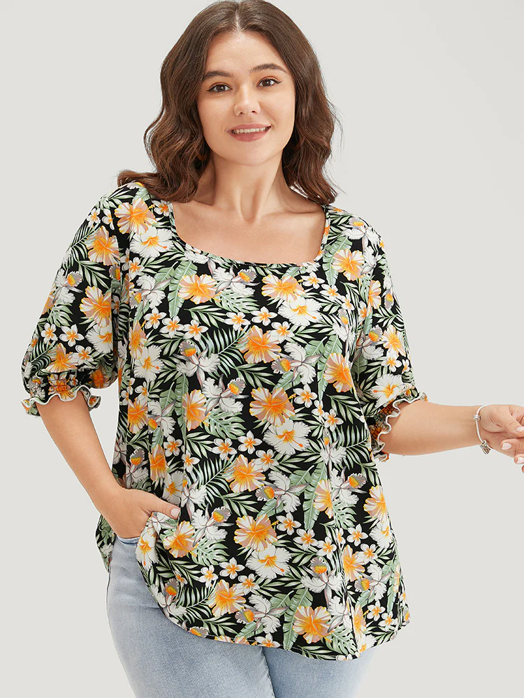 Tropical Print Puff Sleeve Ruffles Trim Square Neck Blouse - Image 2