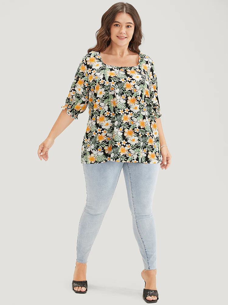 Tropical Print Puff Sleeve Ruffles Trim Square Neck Blouse - Image 3