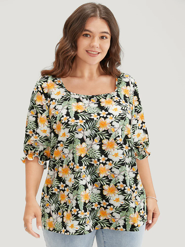 Tropical Print Puff Sleeve Ruffles Trim Square Neck Blouse - Image 4