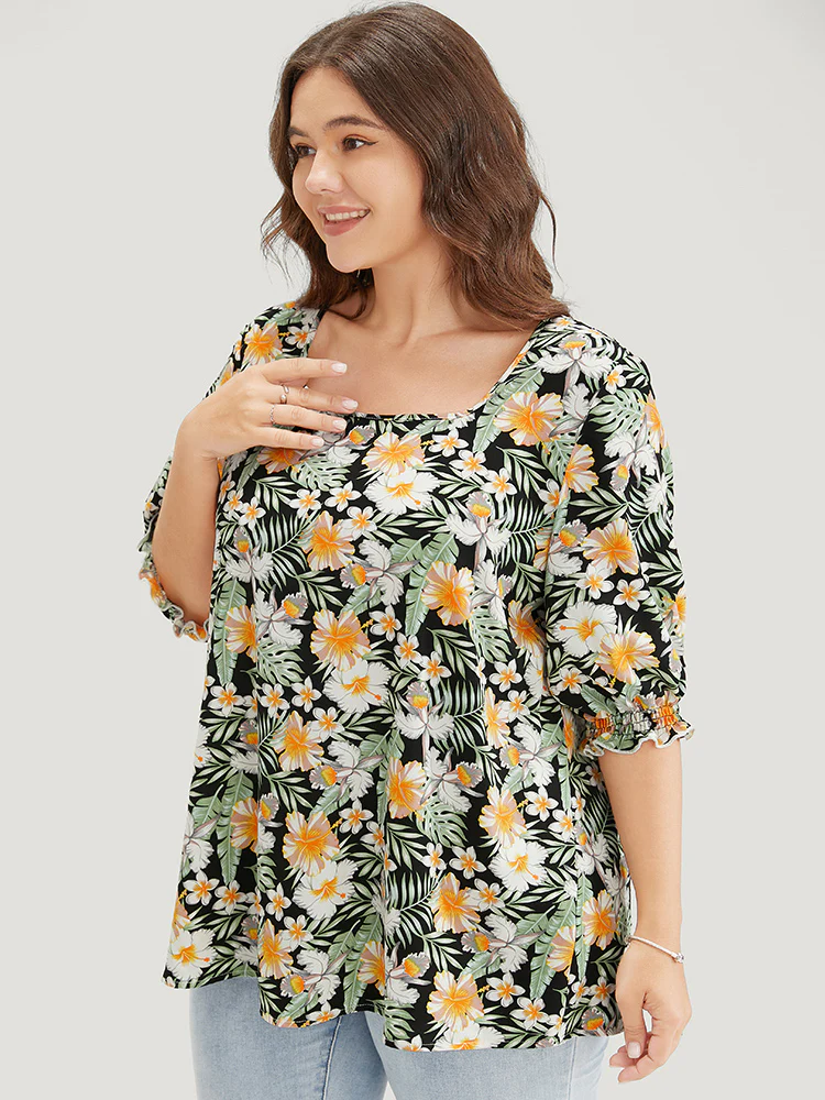 Tropical Print Puff Sleeve Ruffles Trim Square Neck Blouse - Image 5