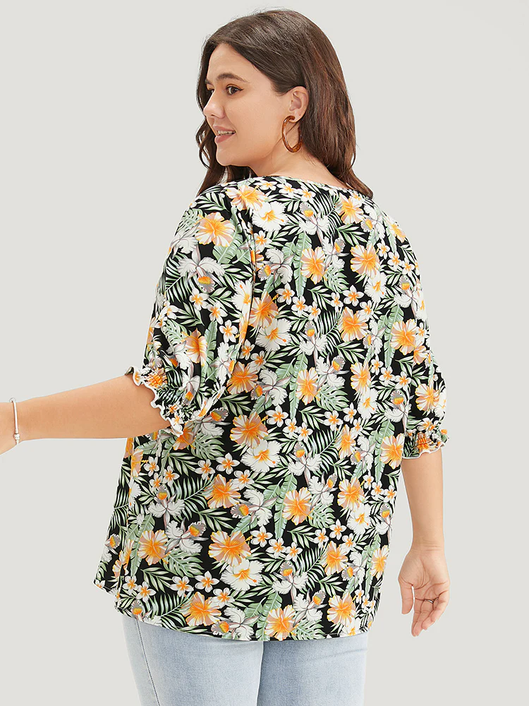 Tropical Print Puff Sleeve Ruffles Trim Square Neck Blouse - Image 6