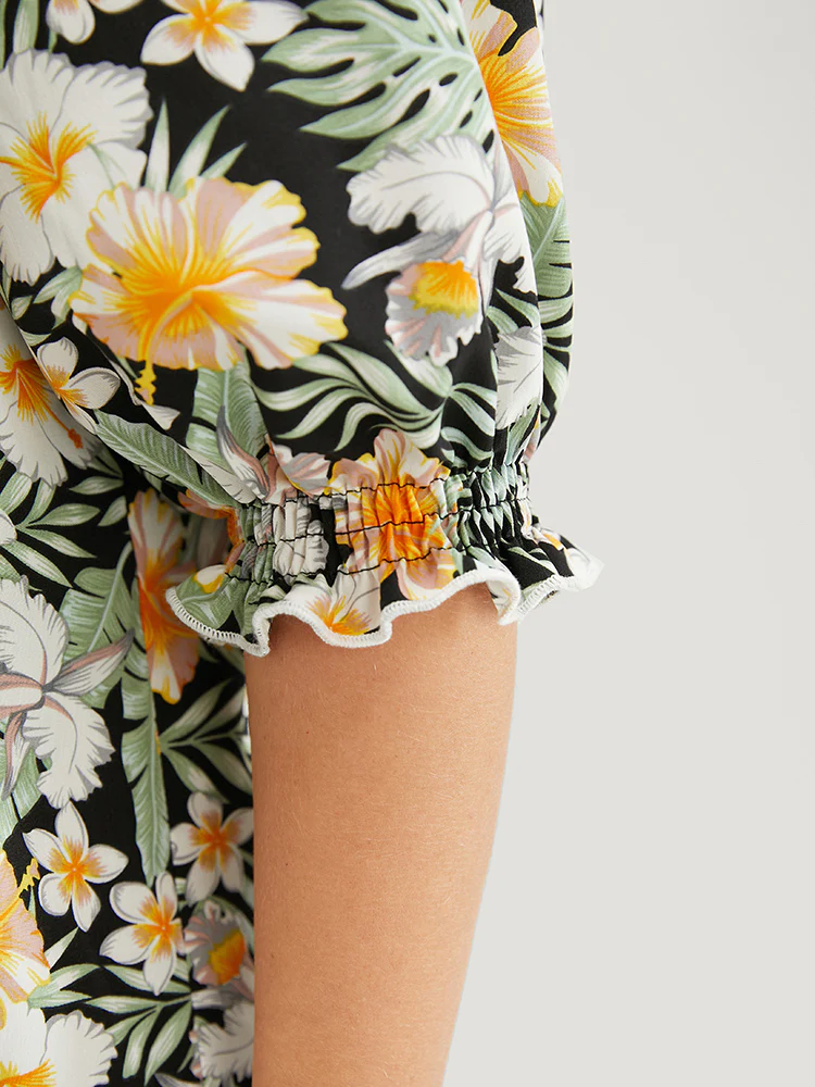 Tropical Print Puff Sleeve Ruffles Trim Square Neck Blouse - Image 8