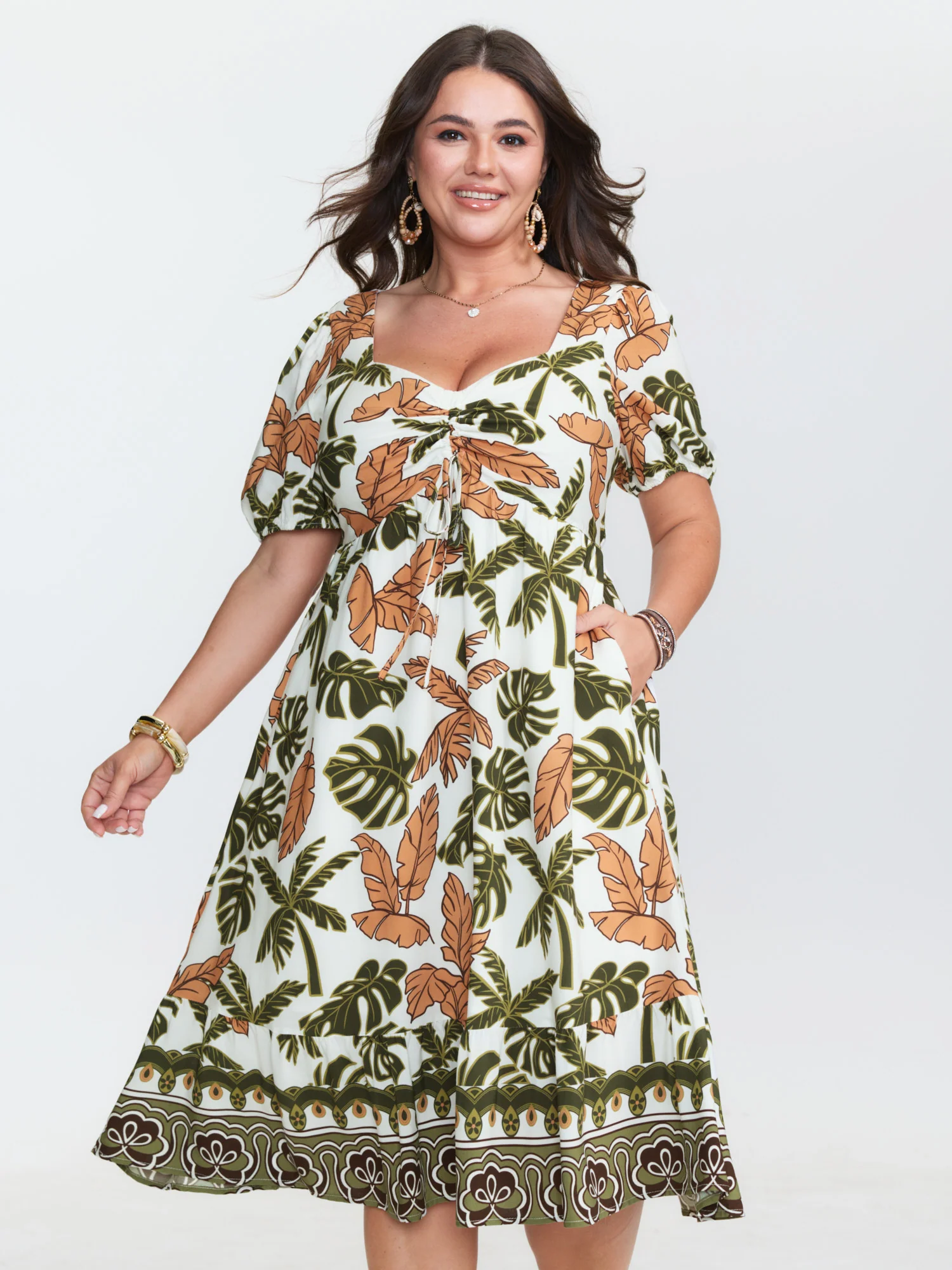Tropical Print Ruched Sweetheart Neckline Midi Dress - Image 2