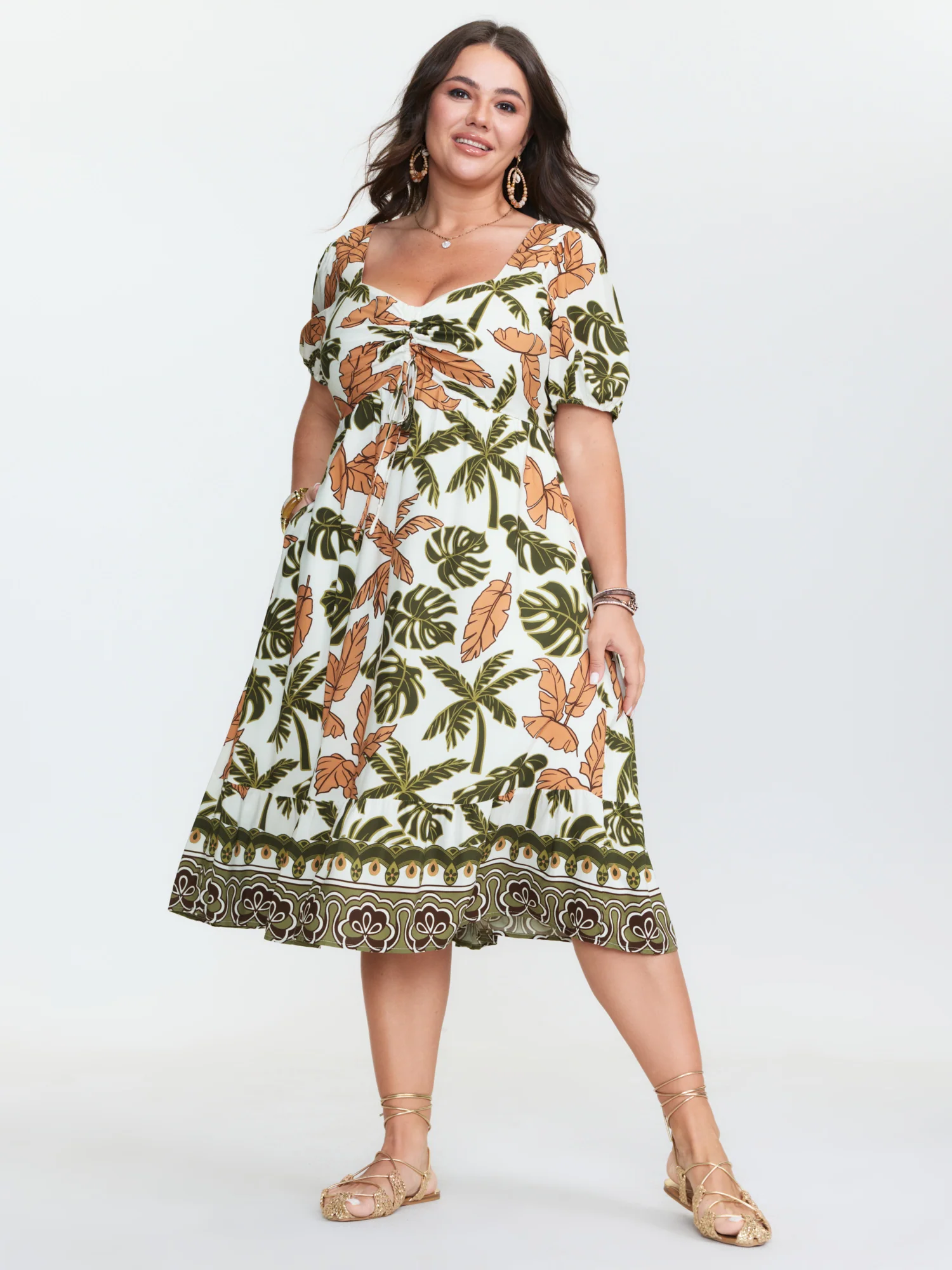 Tropical Print Ruched Sweetheart Neckline Midi Dress - Image 3