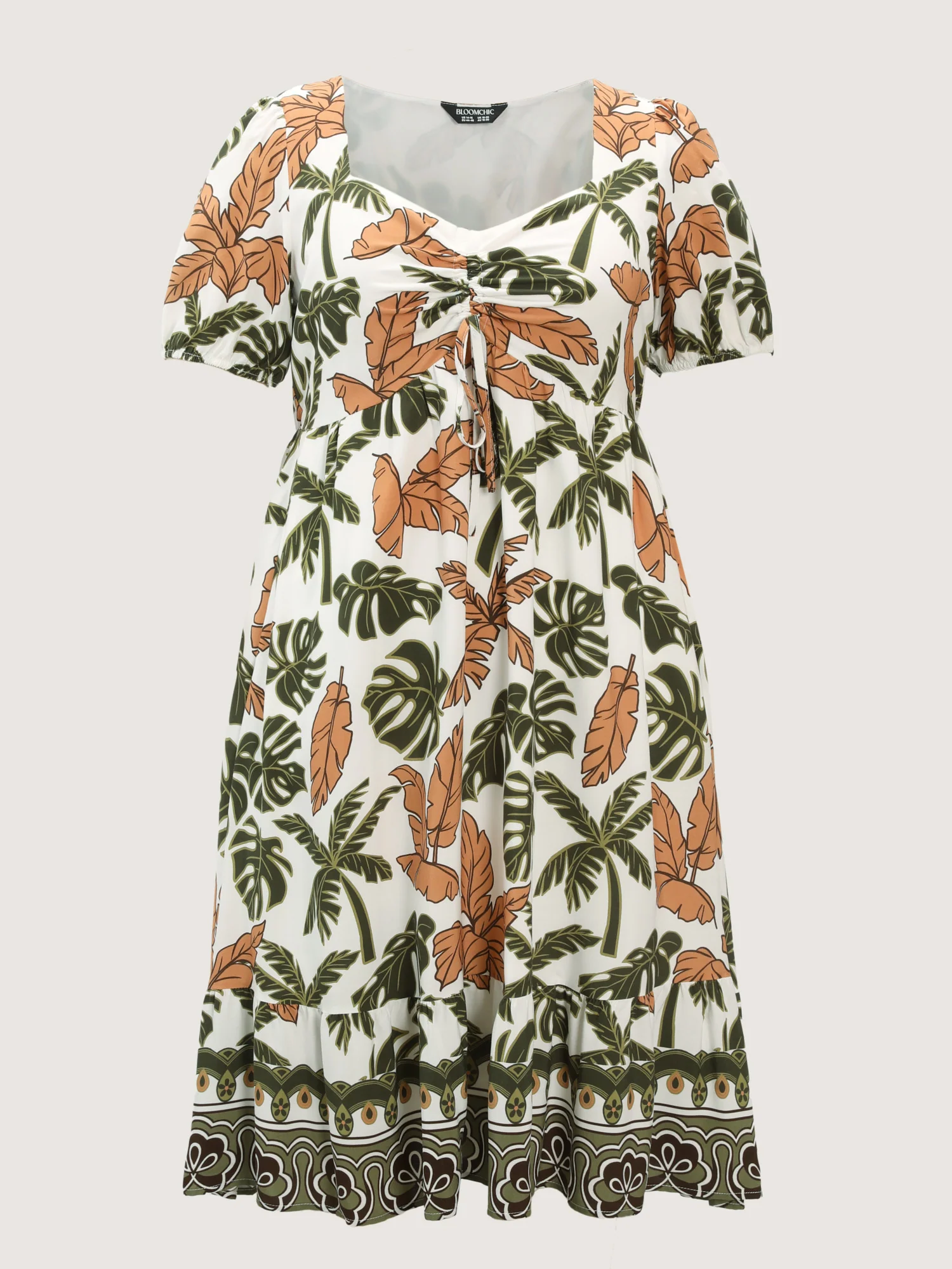 Tropical Print Ruched Sweetheart Neckline Midi Dress - Image 6