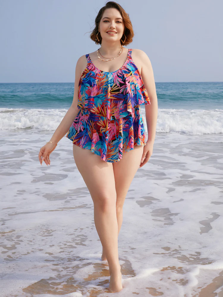 Tropical Print Ruffle Tiered Tankini Top - Image 5