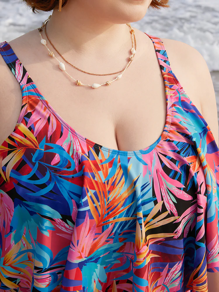 Tropical Print Ruffle Tiered Tankini Top - Image 6