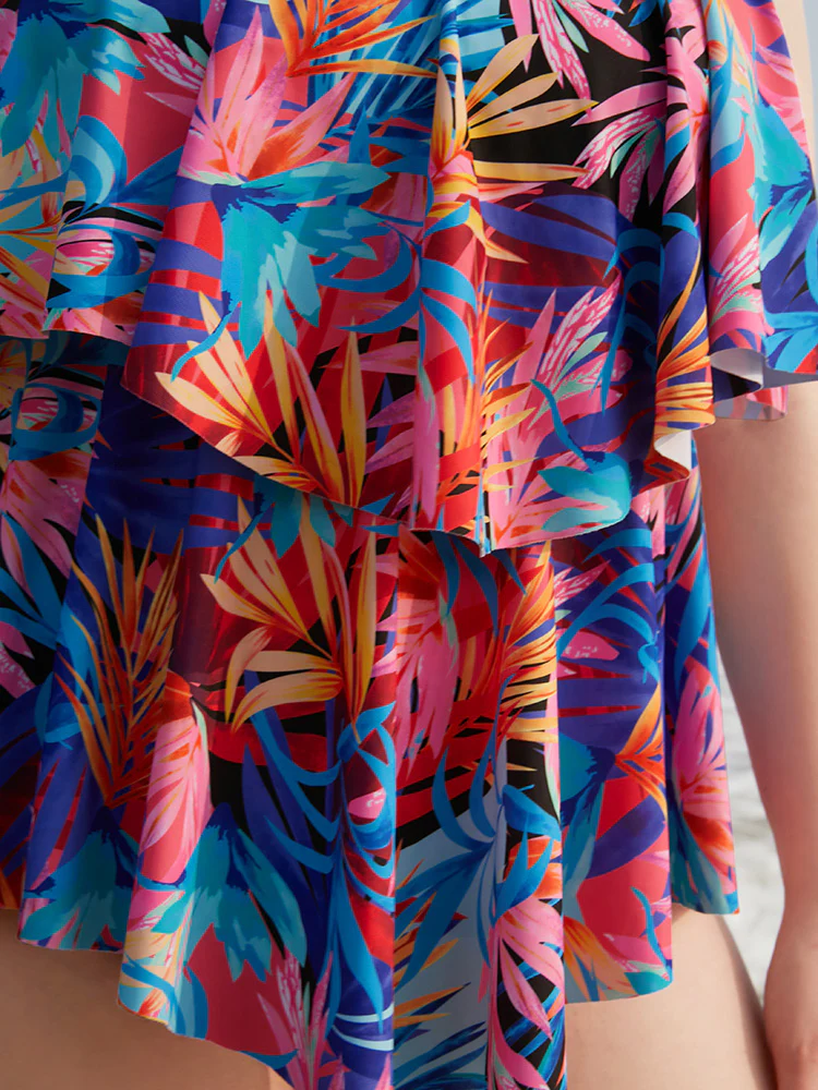 Tropical Print Ruffle Tiered Tankini Top - Image 8