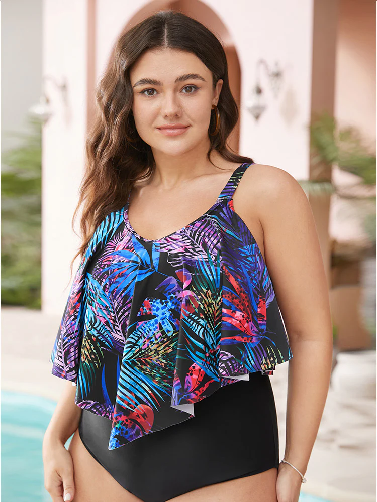 Tropical Print Ruffle Trim One Piece Swimsuit - Image 5