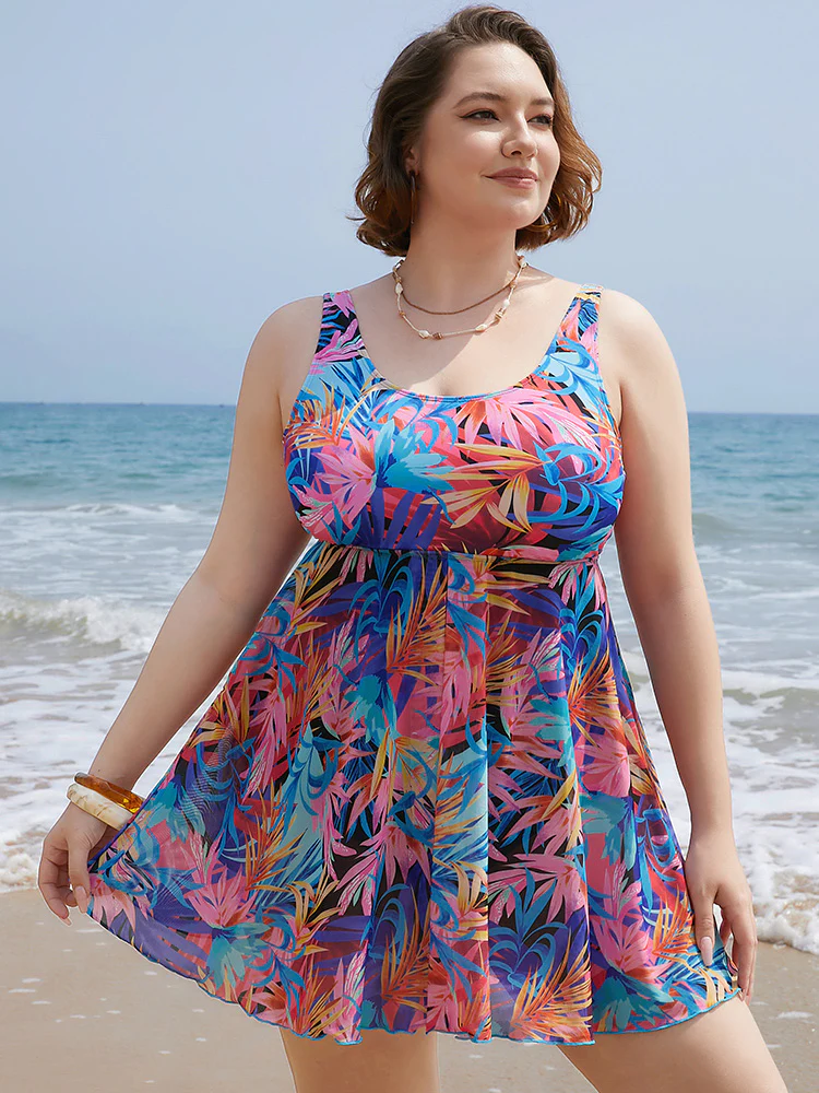 Tropical Print Ruffles Split Front Swim Dress - Image 3