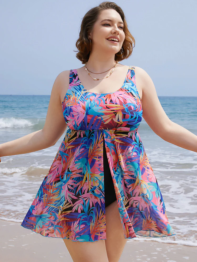 Tropical Print Ruffles Split Front Swim Dress - Image 4
