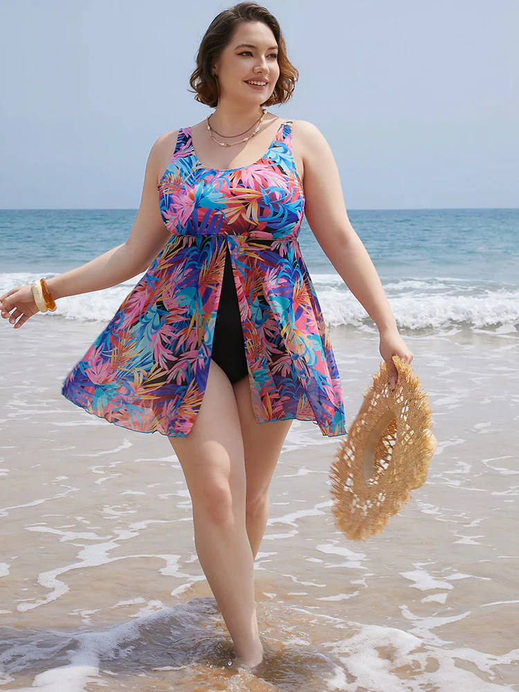 Tropical Print Ruffles Split Front Swim Dress - Image 6