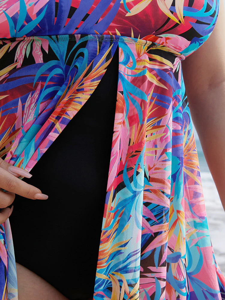 Tropical Print Ruffles Split Front Swim Dress - Image 8