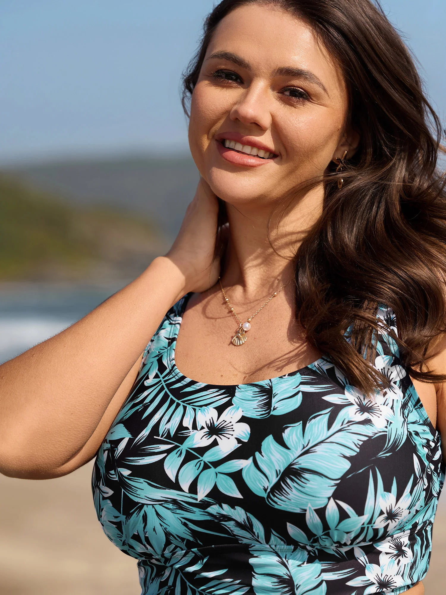 Tropical Print Scoop Neck Swim Top - Image 3