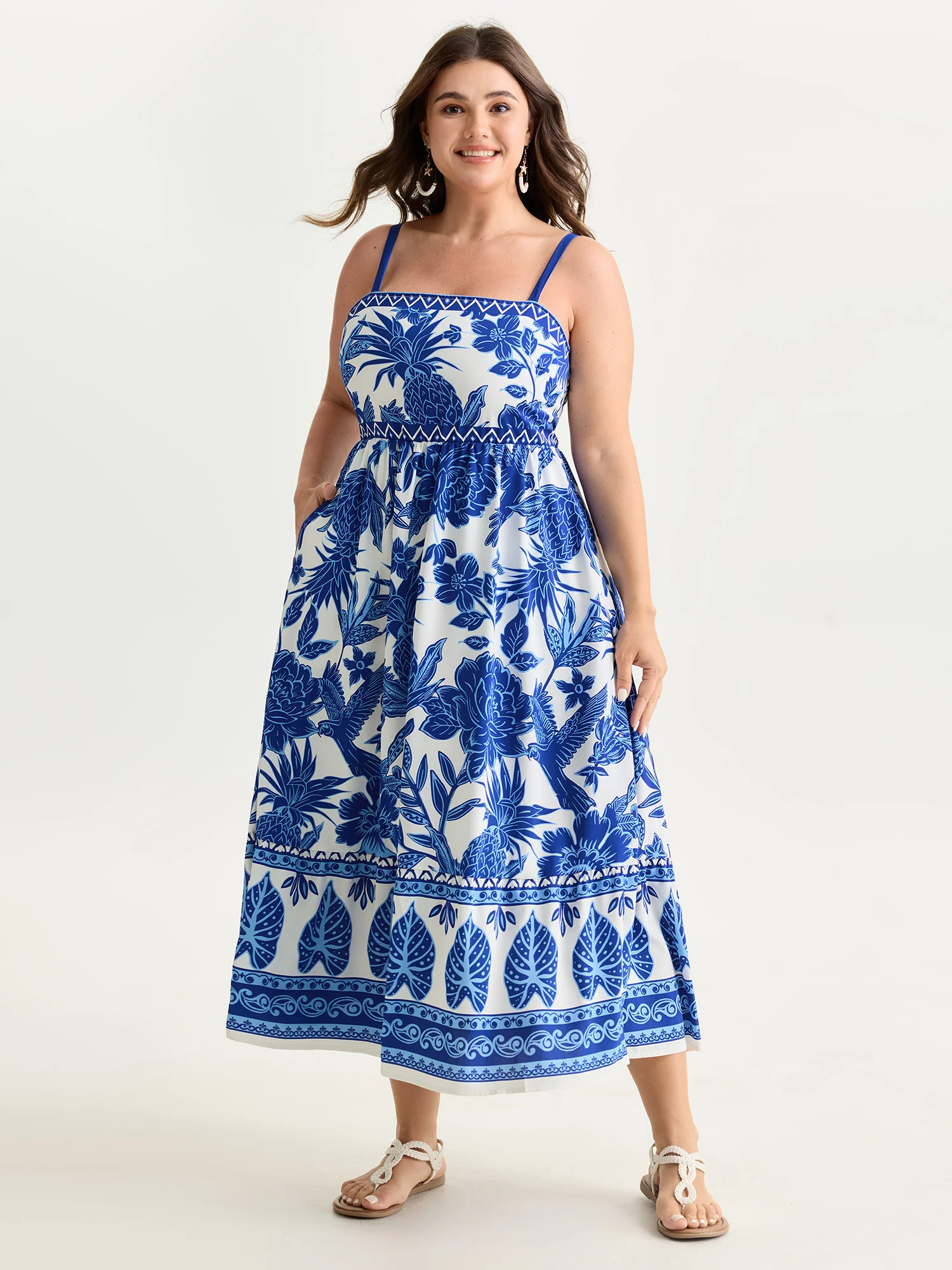 Tropical Print Shirred Waist Flowy Midi Dress - Image 3
