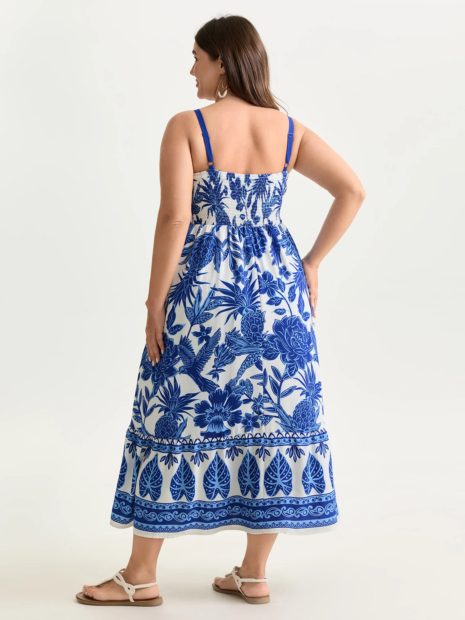 Tropical Print Shirred Waist Flowy Midi Dress - Image 4