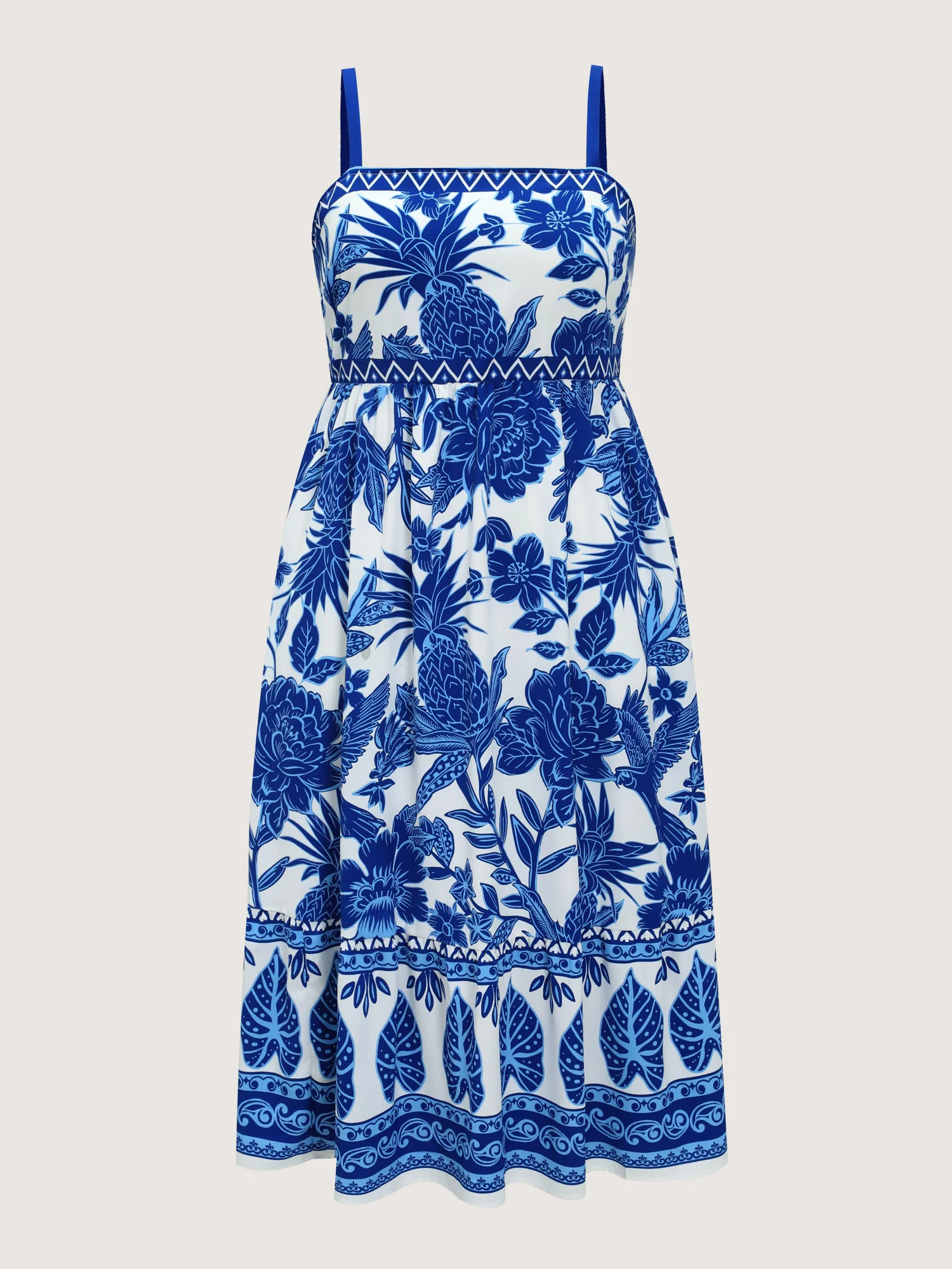 Tropical Print Shirred Waist Flowy Midi Dress - Image 7