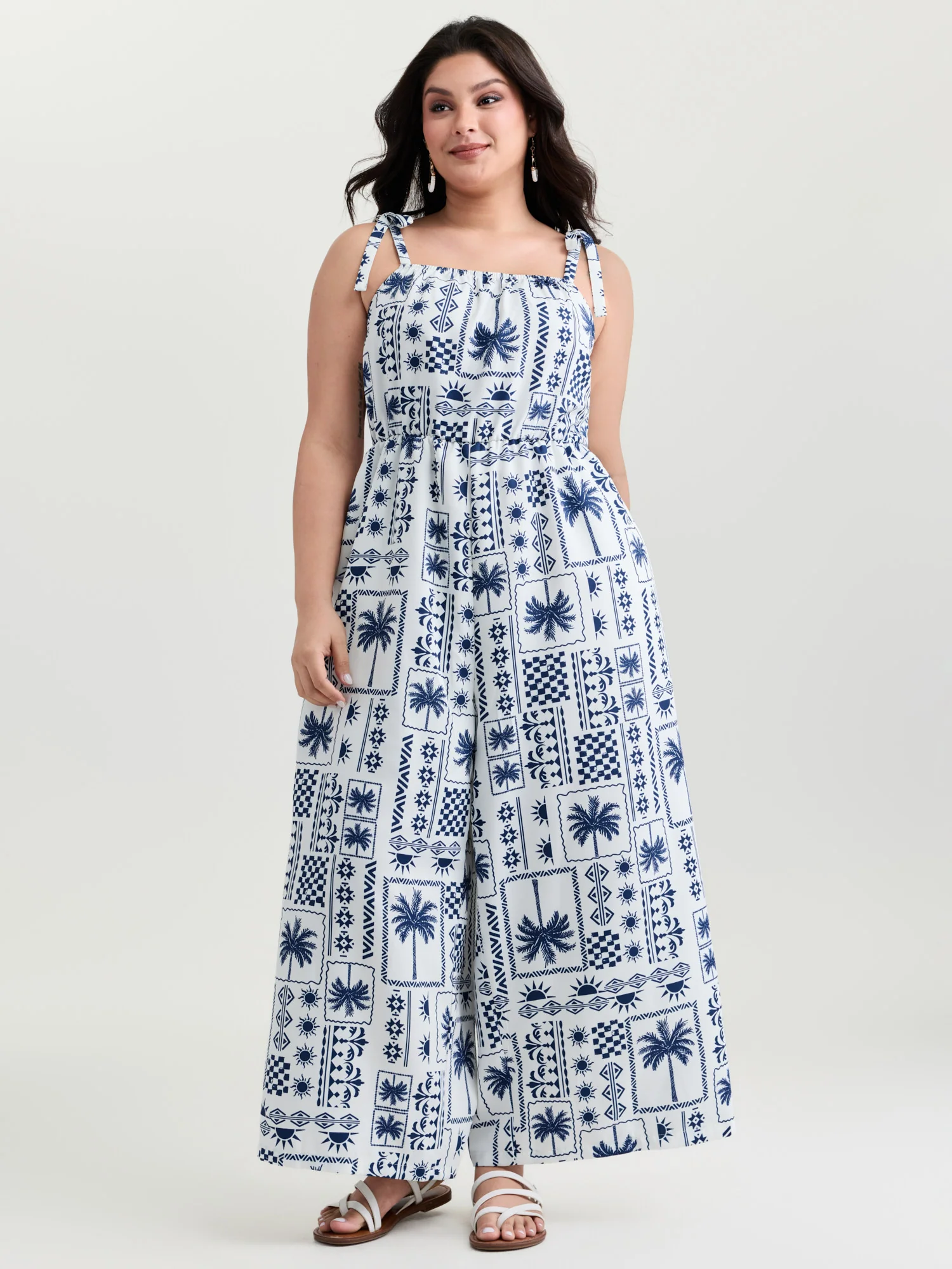 Tropical Print Shoulder-Tie Wide-Leg Jumpsuit - Image 3