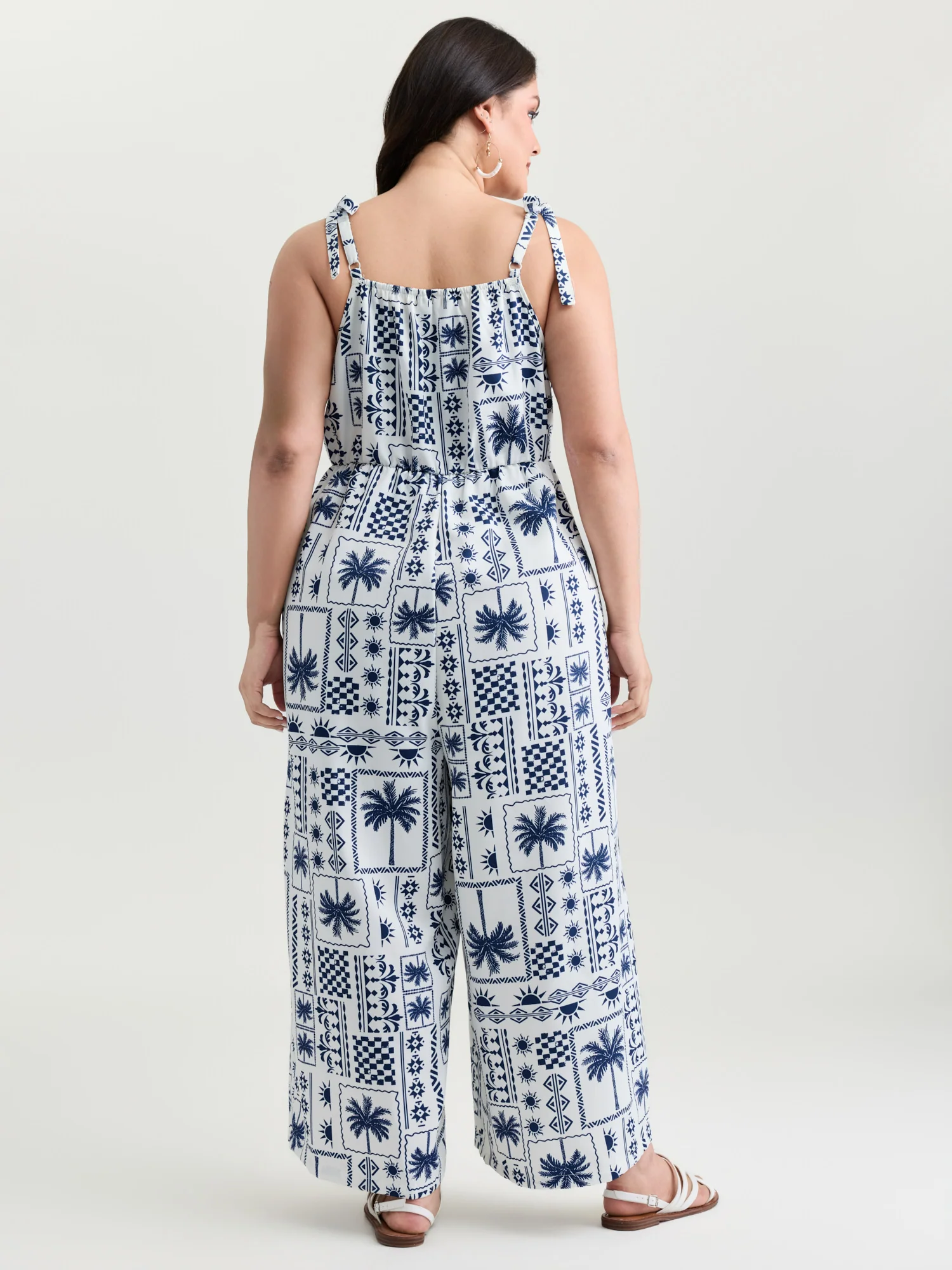 Tropical Print Shoulder-Tie Wide-Leg Jumpsuit - Image 4