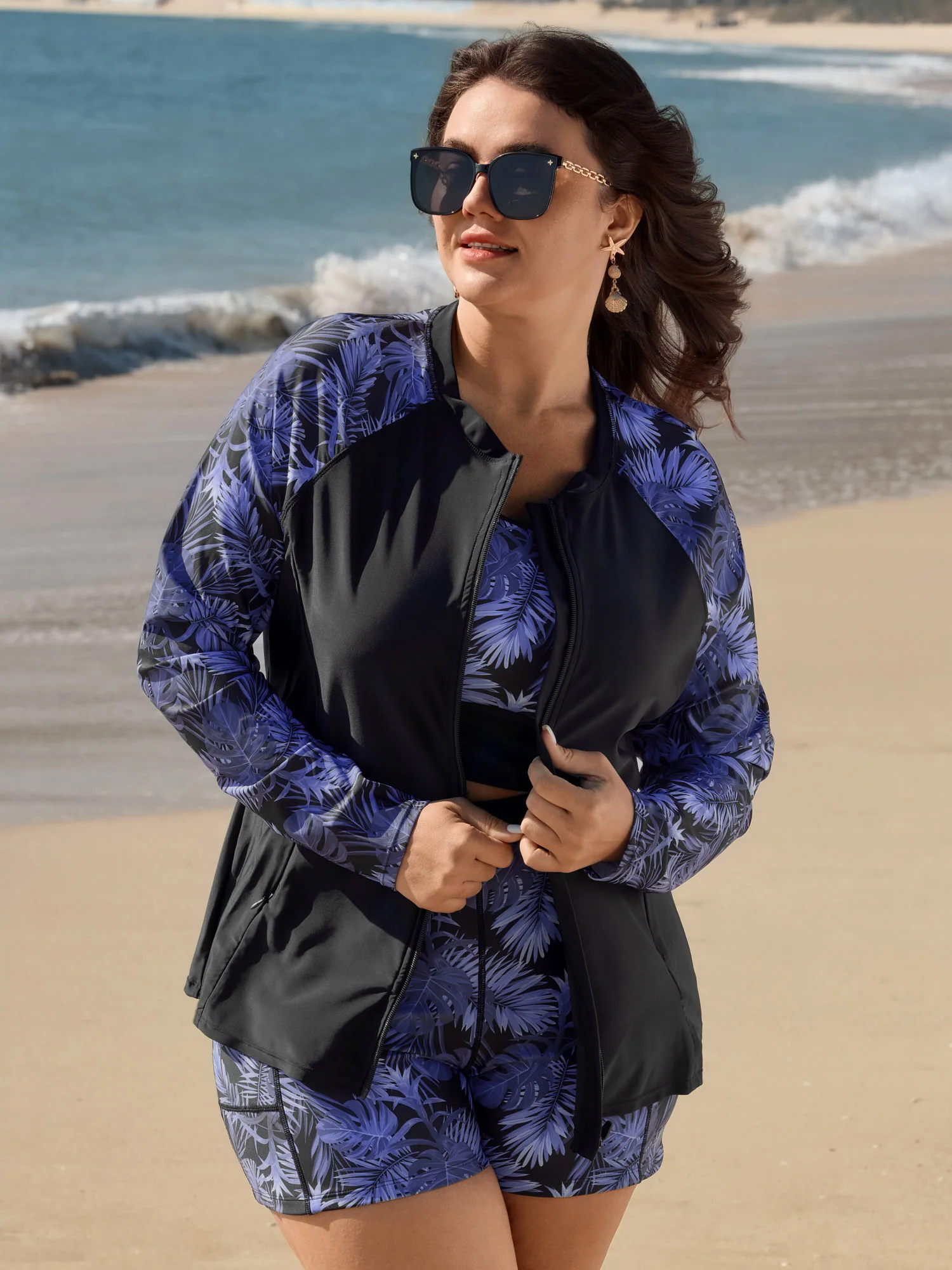 Tropical Print Sleeve Pockets Swim Top - Image 2