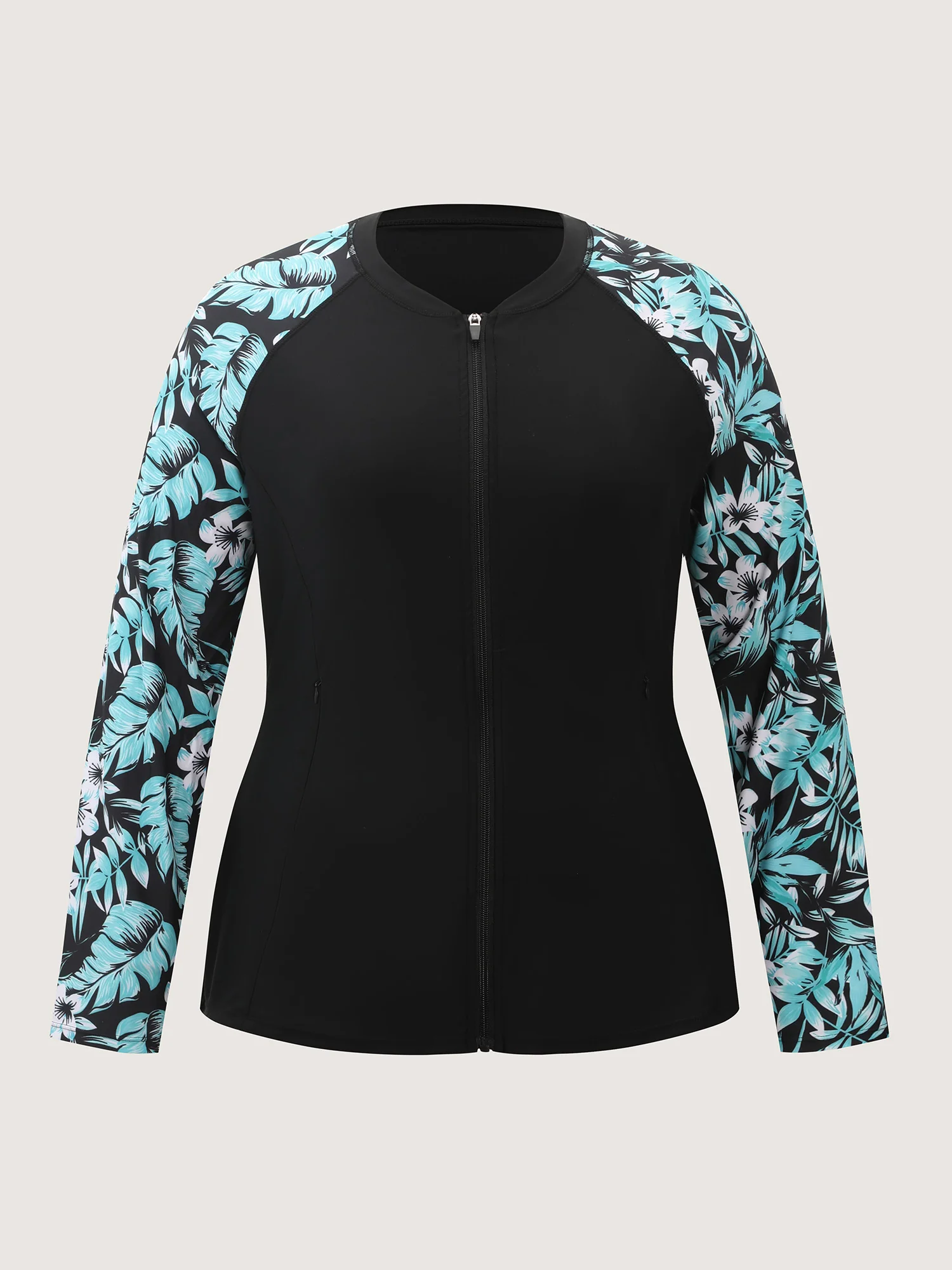 Tropical Print Sleeve Zipper Front Swim Top - Image 7