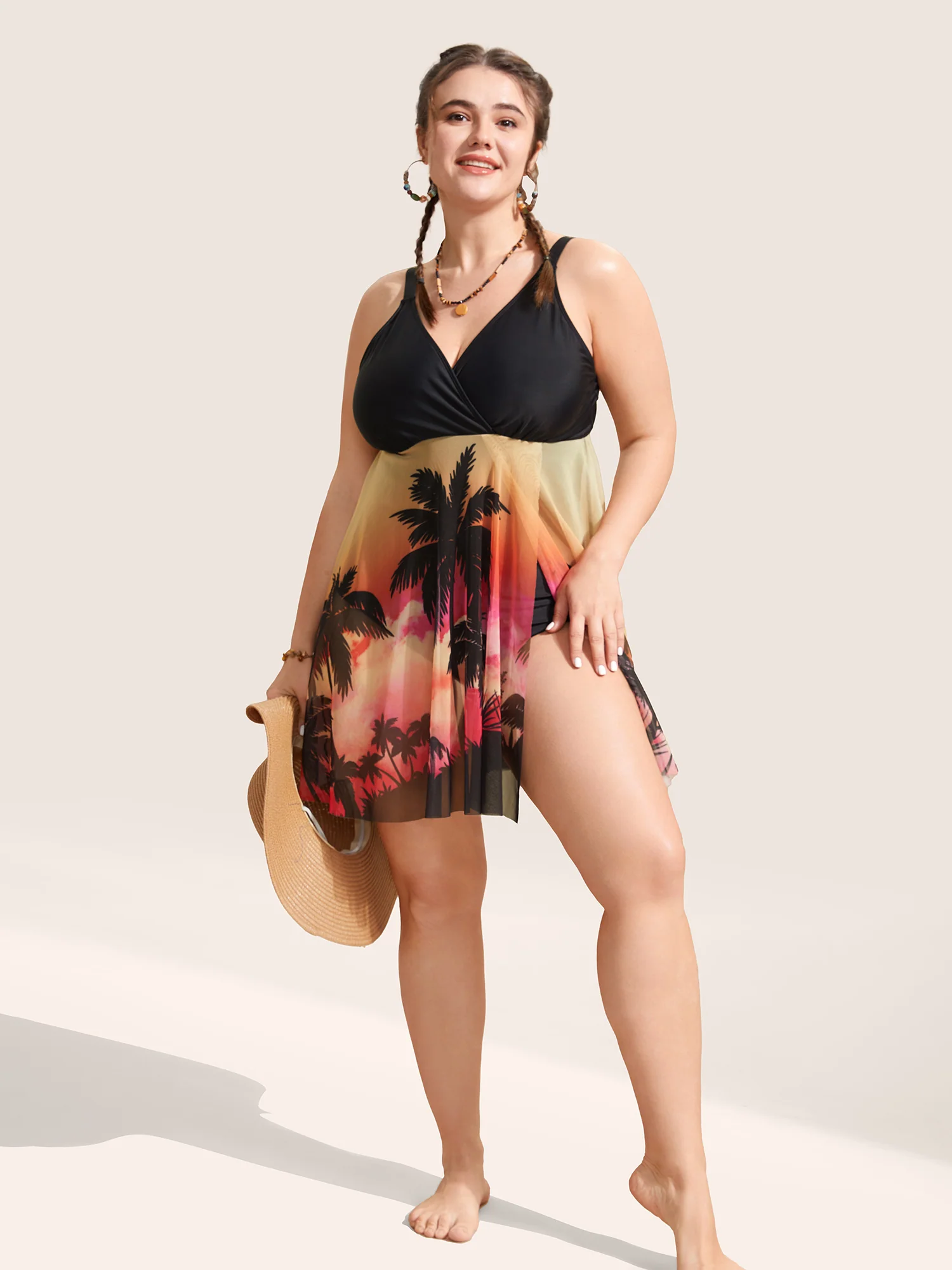 Tropical Print Slit Hem See Through Swim Dress - Image 3