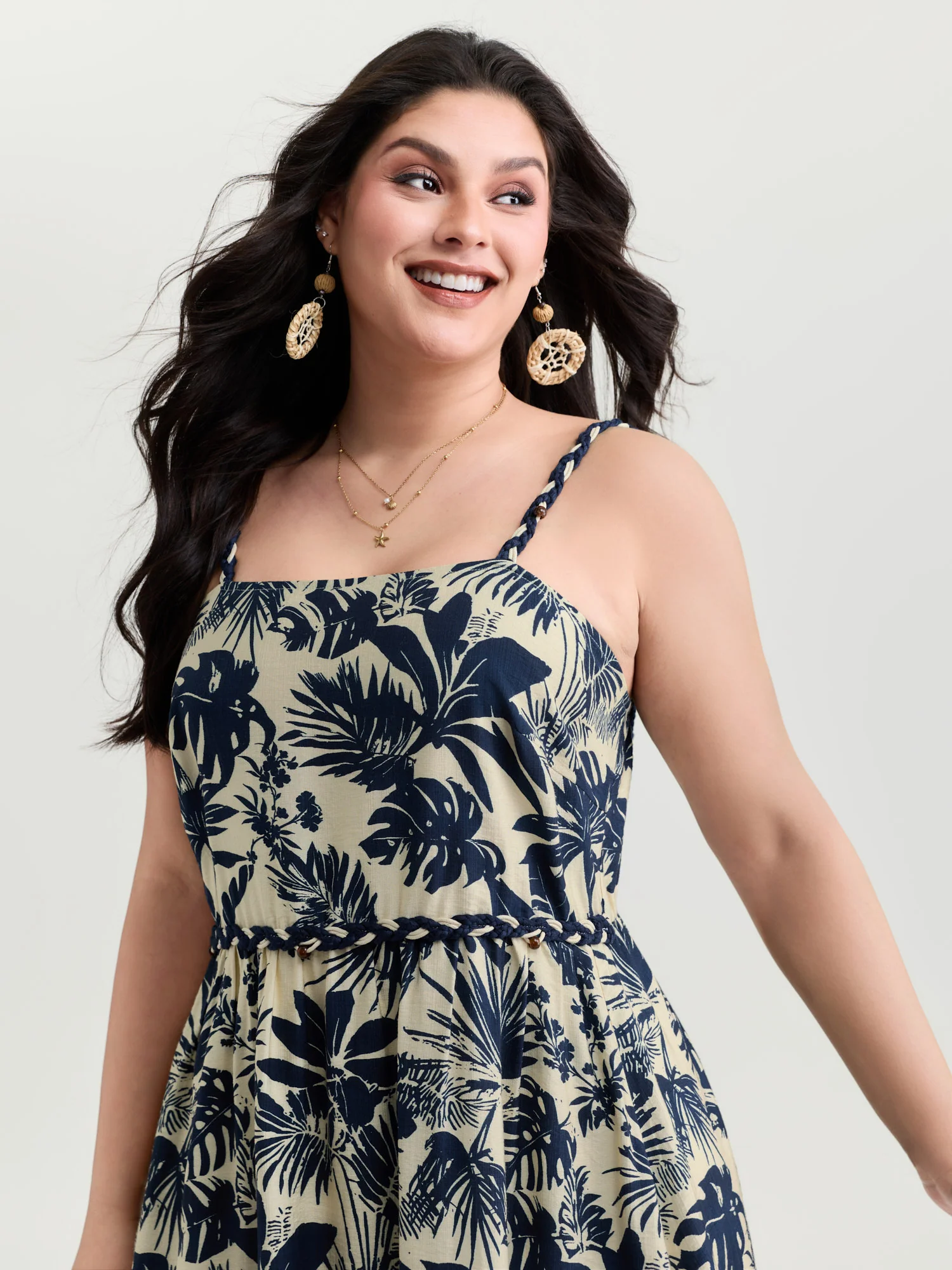 Tropical Print Stretchy Waist Midi Dress - Image 2