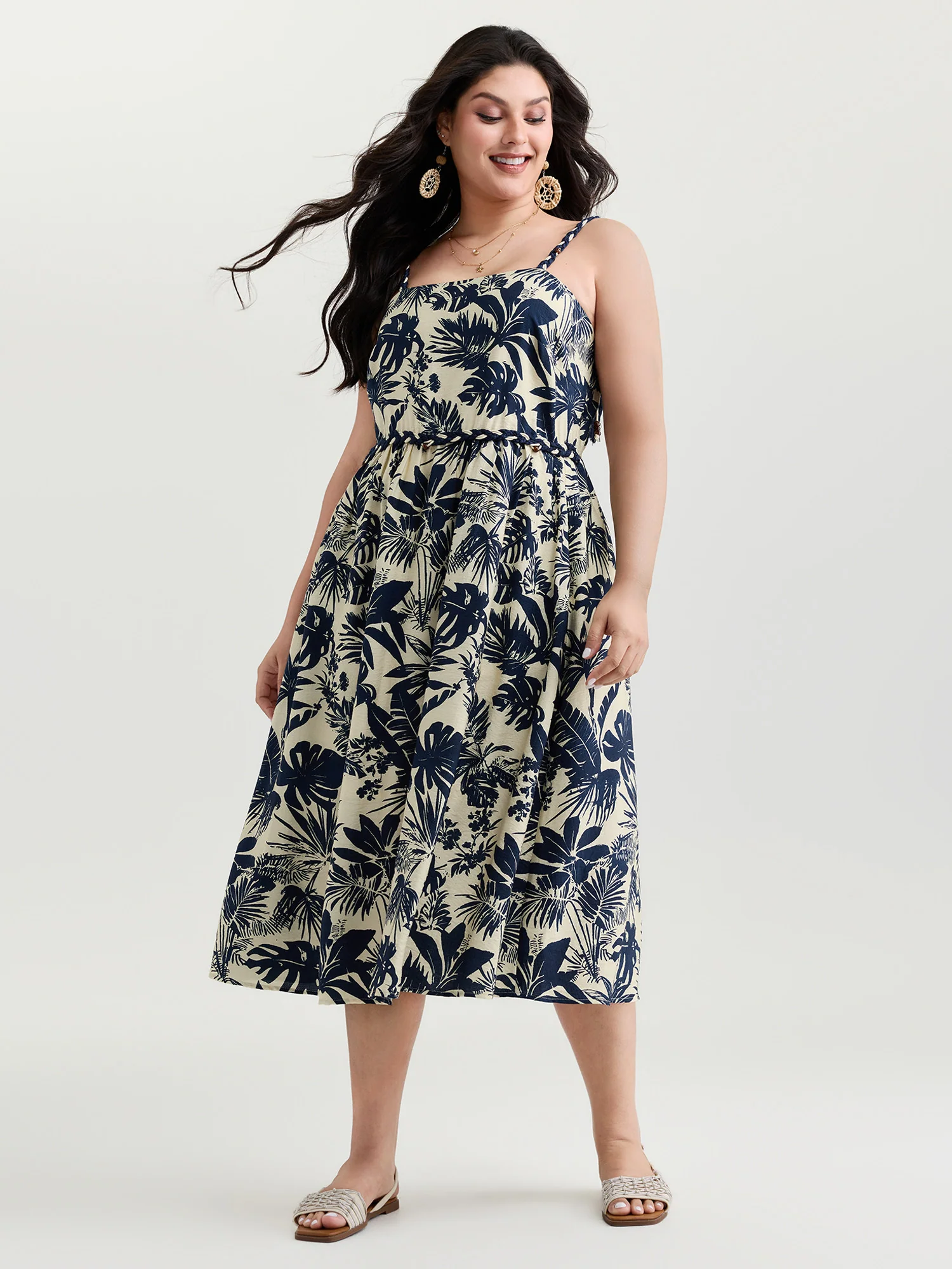 Tropical Print Stretchy Waist Midi Dress - Image 3